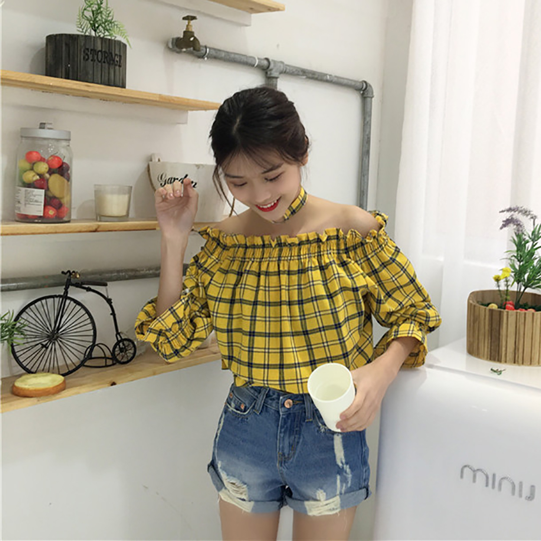 พร้อมส่ง 🍿 Scott tops เสื้อเปิดไหล่ลายสก็อตมีโช๊คเกอร์เข้าเซท (IN32324)