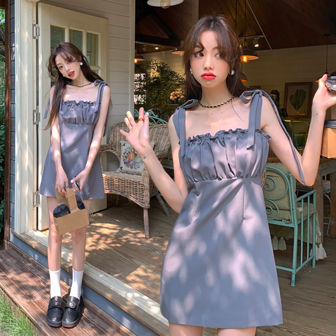 พร้อมส่ง 🍒⛱ Bowy gris dress มินิเดรสสั้นสายเดี่ยวสีเทาสไตล์เกาหลี (IN37869)