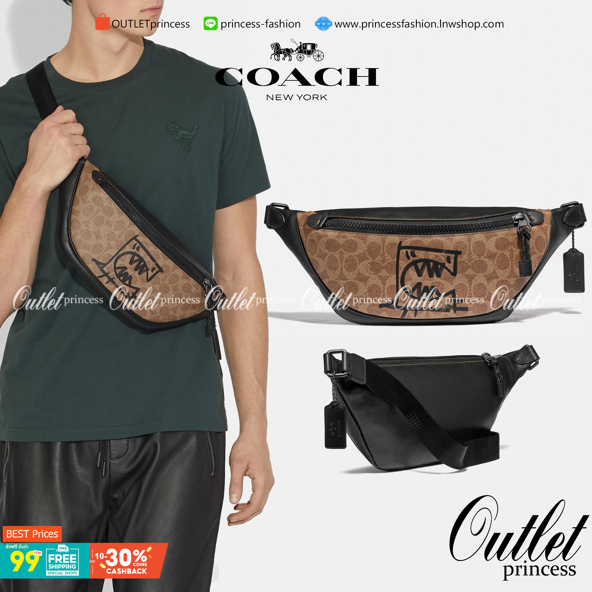 OUTTLET 】COACH Rivington Belt Bag In Signature Canvas With Rexy By Guang Yu (75761) กระเป๋าคาดอก หนังแท้เรียบ นิ่มสวย ด้านหน้าเด่นด้วยลายปริ้นท์เก๋เท่ มากๆค่ะ มีช่องซิปหลักให้2ช่องใส่ของได้จุเลยนะคะ สายคาดเลื่อนปรับแบบฟรีไซด์ค่ะ 📌ใบจริงสวย สะพายวั