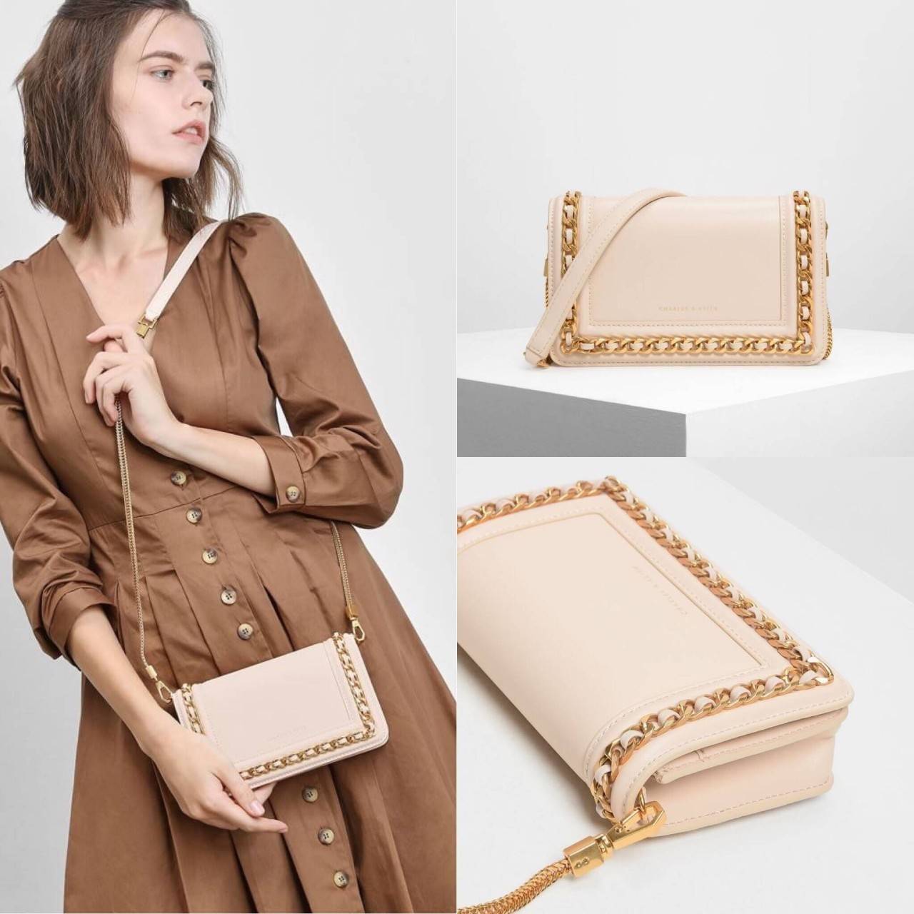 New Collection 2019! CHARLES & KEITH CHAIN RIMMED CLUTCH กระเป๋าสะพายคอลเลคชั่นใหม่ แต่งโซ่รอบกระเป๋าสีทองสวยหรูมากๆ ด้านหน้าปั๊มโลโก้แบรนด์ เปิดปิดด้วยกระดุมแม่เหล็ก ด้านในมีช่องด้านหน้า ช่องใหญ่และช่องซิป 1 ช่อง สามารถใส่โทรศัพท์ iPhone plus ได้ค่า และย