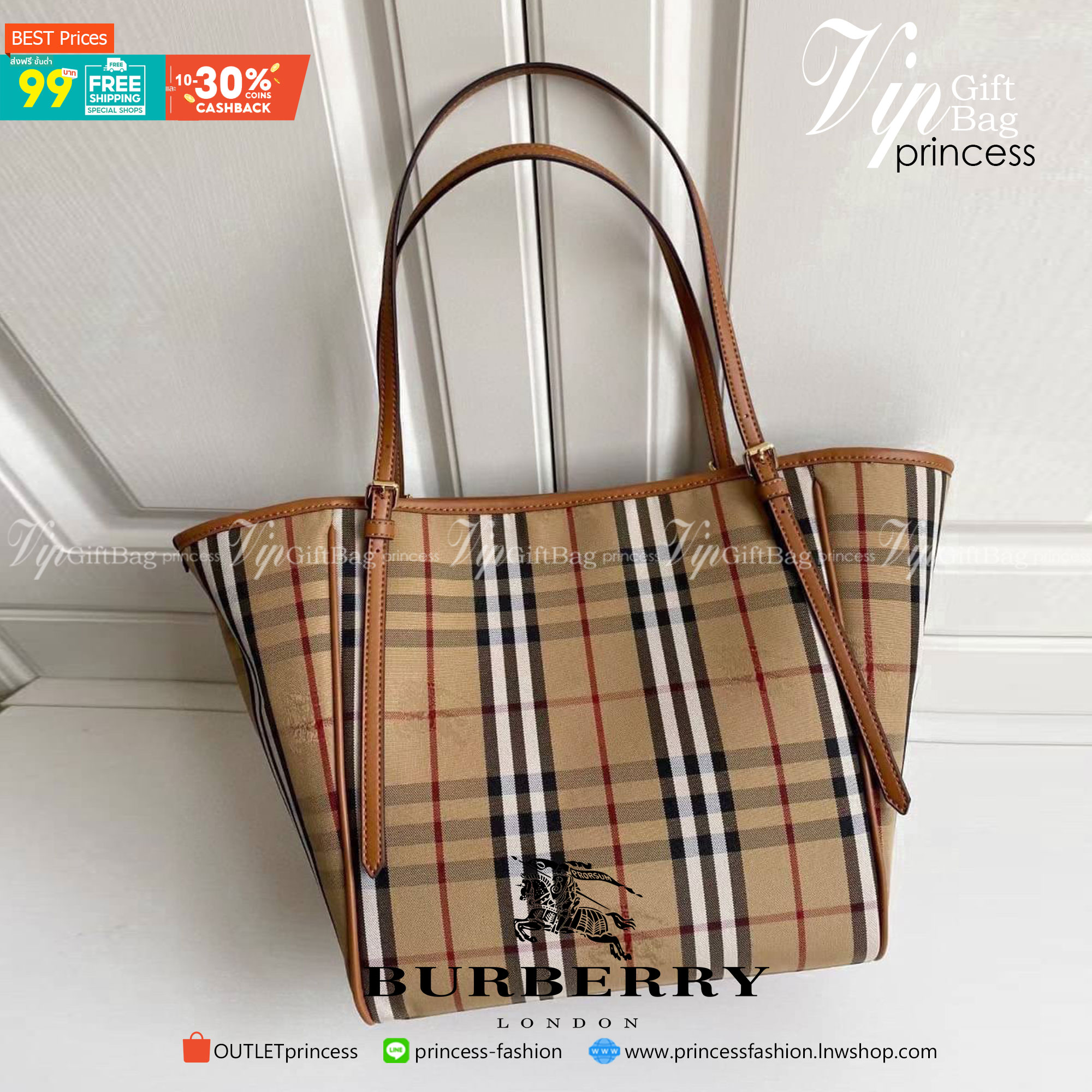 BURBERRY TOTE VINTAGE BAG VIP GIFT WITH PURCHASE (GWP) พรีเมี่ยมกิ๊ฟ Limited Edition จากBURBERRY วัสดุหนังCANVASสลับหนัง เปิดปิดด้วยกระดุมแม่เหล็ก ภายในมีช่องใส่ของโล่งกว้าง