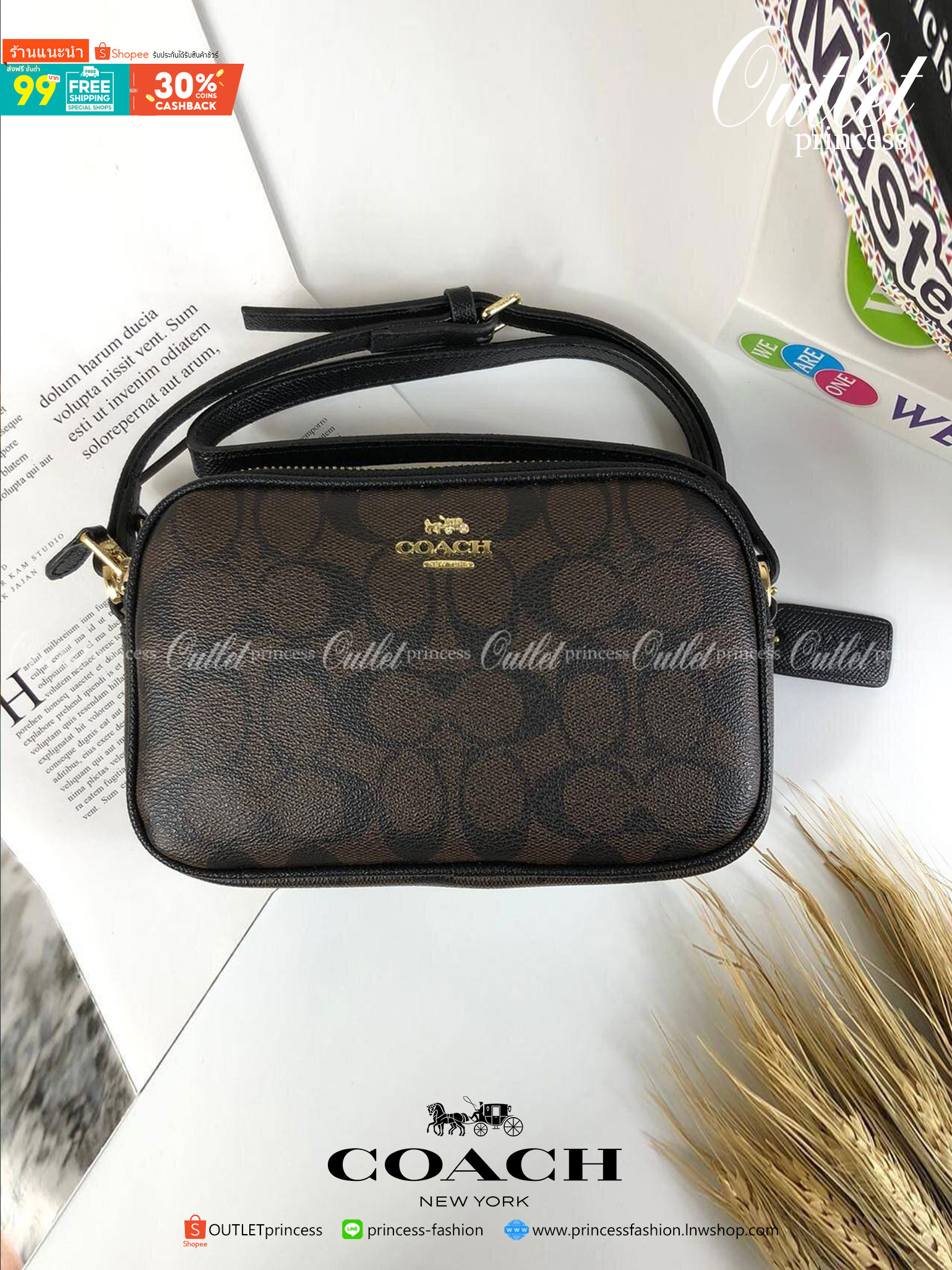 ของแท้ 💯% Coach Double Zip Jes Crossbody Signature Leather shoulder Purse Multi กระเป๋าสะพาย