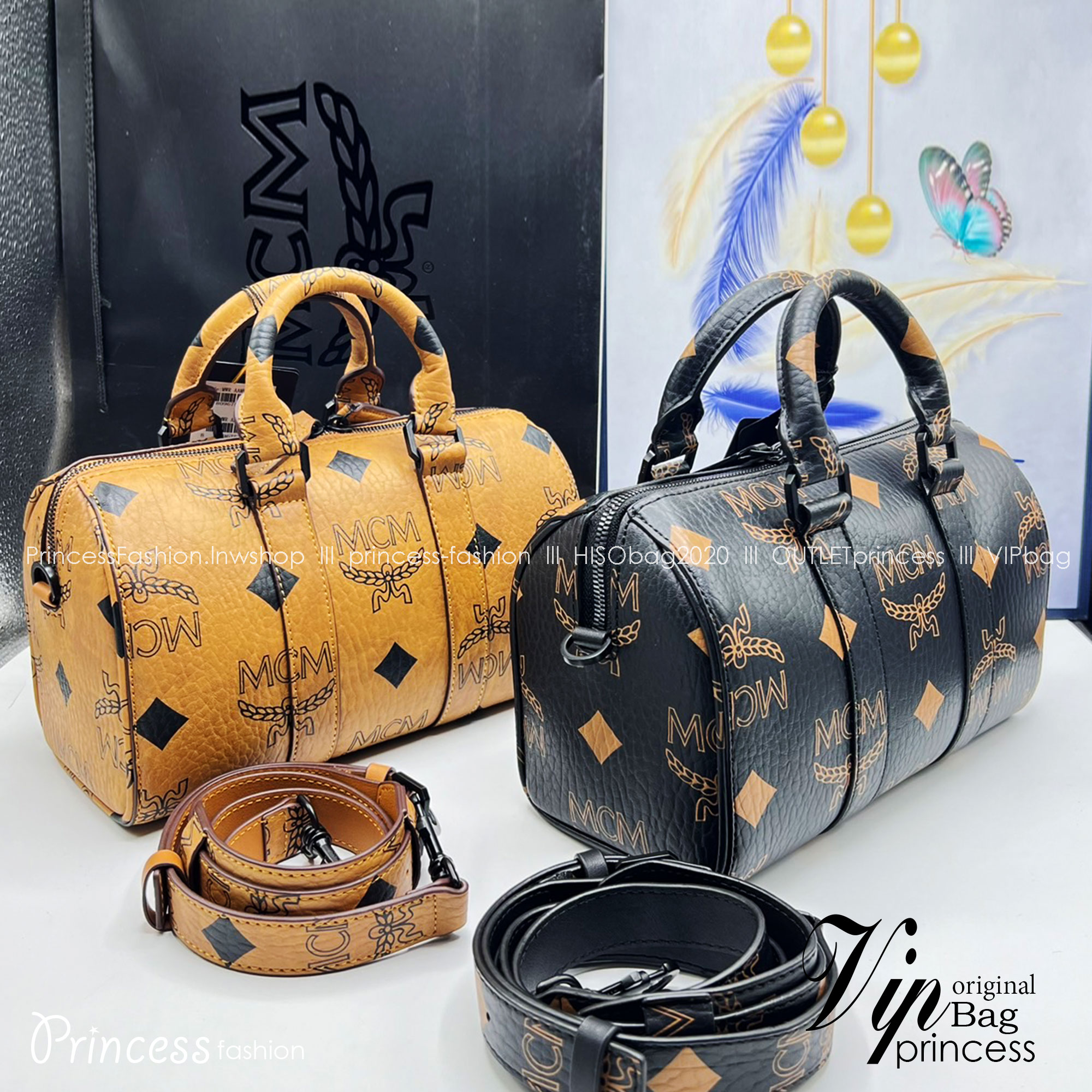 M.C.M Aren Boston Bag in Maxi Visetos with nappa leather trim กระเป๋าสะพายข้างบอสตัน คอลเลคชั่นสุดฮอต ดีไซน์โลโก้ใหม่ เกรดออริ สลับแท้ 1:1 ใช้งานต่างประเทศได้