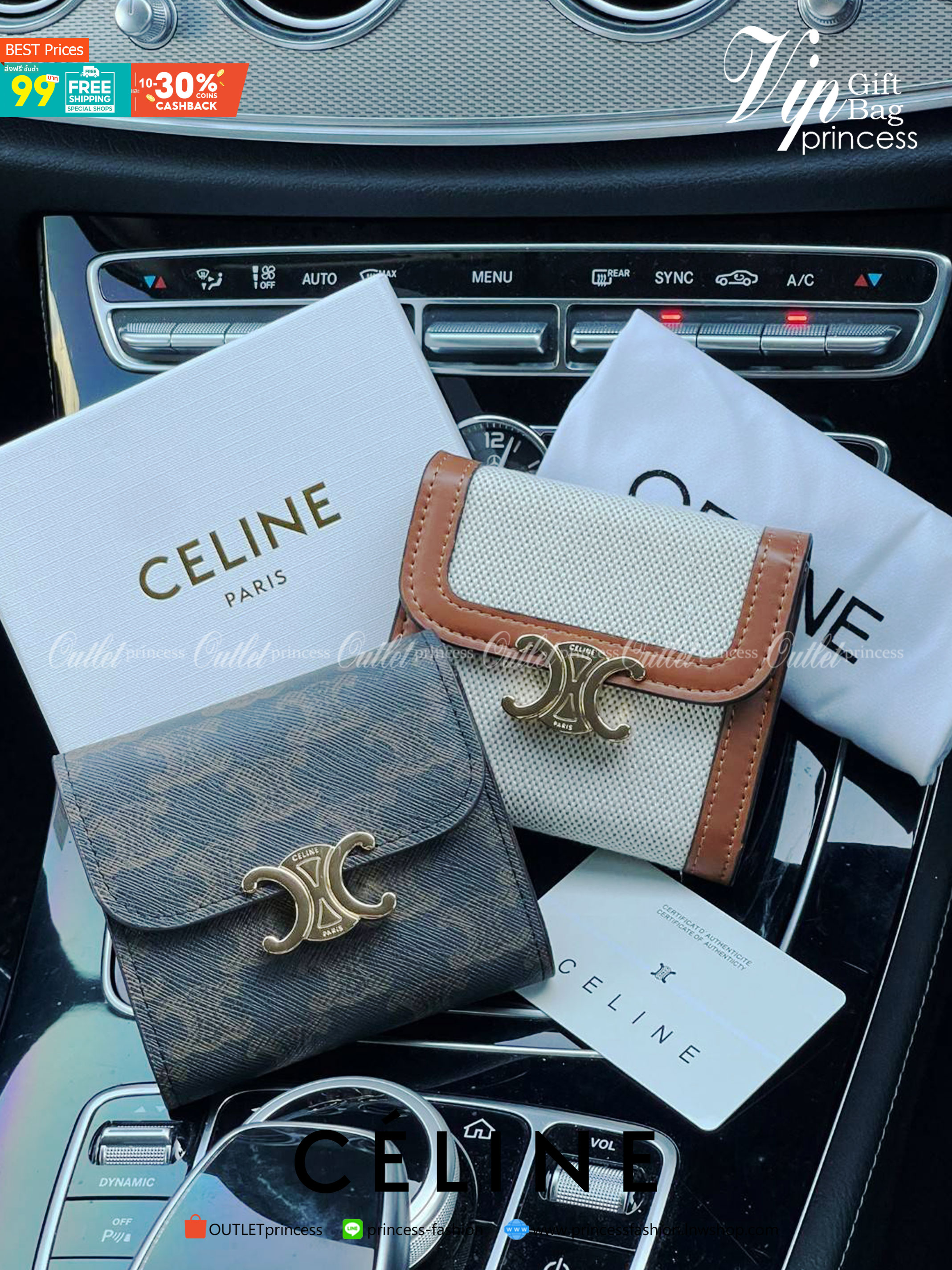 CELINE SMALL TRIOMPHE WALLET IN TRIOMPHE CANVAS กระเป๋าสตางค์ผู้หญิงทรงสั้นดีไซน์สวยงามหรูหรา ออกแบบให้เป็นทรงพับ เปิด-ปิดด้วยกระดุมที่สามารถปรับขยายขนาดกระเป๋าได้เมื่อใส่ของเยอะ ภายในแบ่งเป็น 3 พับ มีฟังก์ชั่นการใช้งานที่ครบครัน คือ ช่องใส่ธนบัตร ช่องใส่