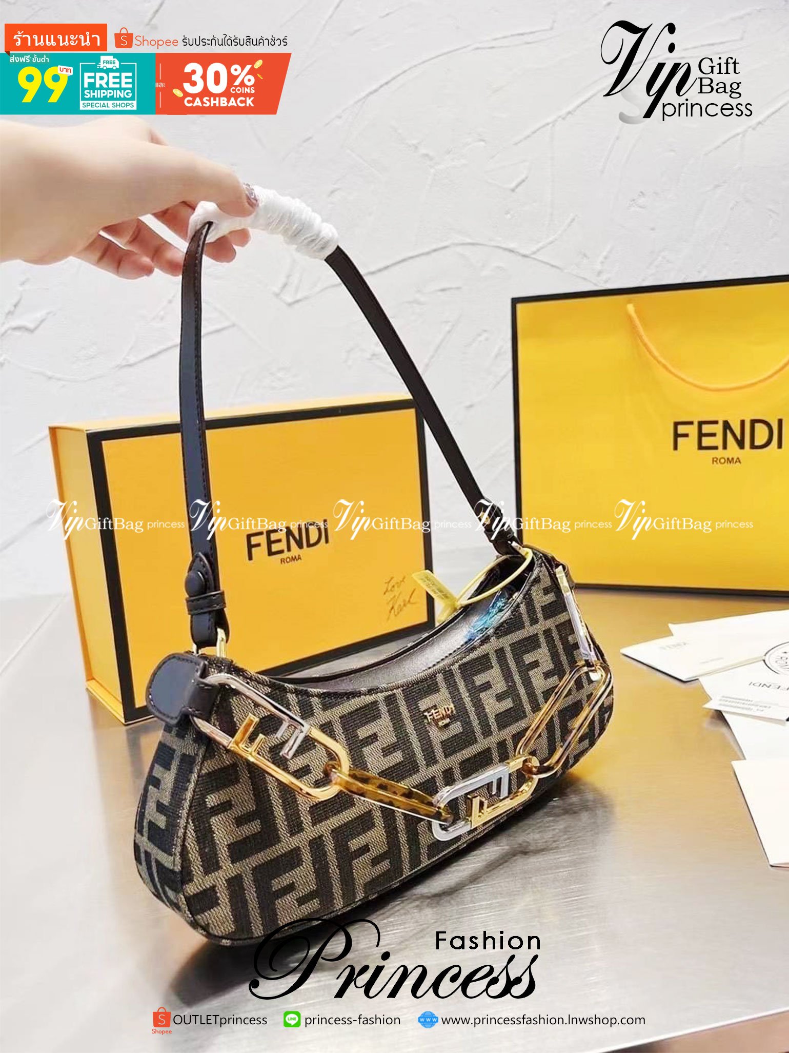 Fendi O'Lock Swing tapestry fabric pouch / Fendi Shoulder Bag กระเป๋าสพายไหล่เฟนดิ พร้อมสายสะพาย 2 เส้น สวยหรู ภาพถ่ายจากงานขายจริง ใช้งานต่างประเทศได้