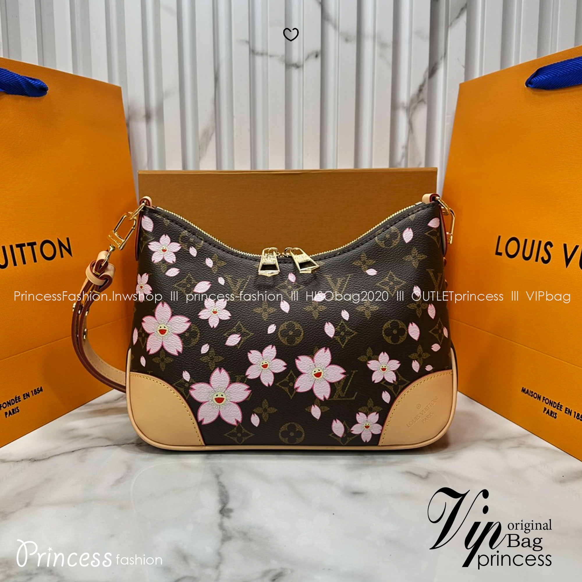 ORI หนังแท้ | คอลใหม่ดอกไม้แสนหวาน LV x TM Pochette Accessoires Cherry Blossom bag กระเป๋าสะพายดีไซน์คลาสสิครุ่นสุดปัง