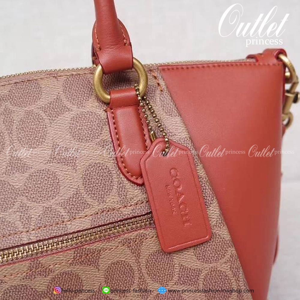 Coach Elise Satchel In Signature Canvas Product Details Signature coated canvas and refined calf leather Inside zip and snap pockets Zip-top closure, fabric lining Handles with 4 1/2" drop Outside zip pocket