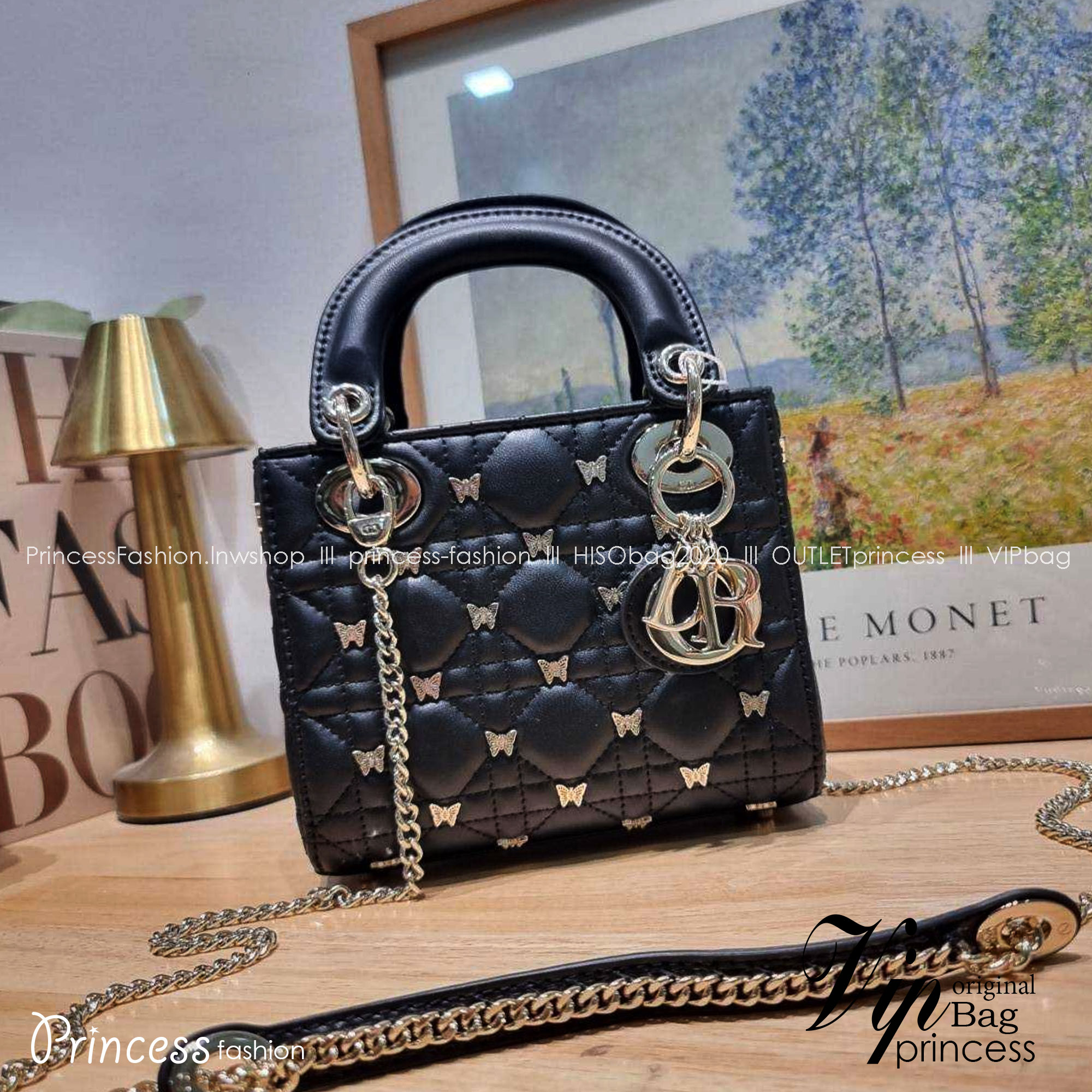 Small Lady Dior Bag Black Cannage / CD SMALL LADY BAG WITH BUTTERFLY กระเป๋าสะพายตกแต่งรูปผีเสื้อคละรอบใบ สวยหรูดูแพงทรงกล่องคลาสสิค