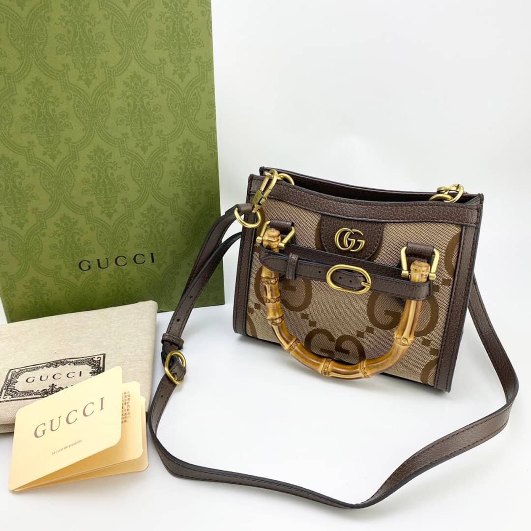 หนังแท้ Gucci Diana jumbo GG tote bag (mini/small) พร้อมส่งที่ไทย Brown Camel and ebony jumbo GG canvas ภาพถ่ายจากสินค้าจริง