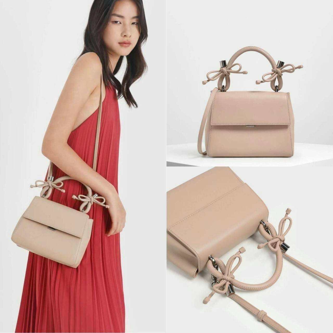CHARLES & KEITH DOUBLE BOW LEATHER TOP HANDLE SNAKE PRINT BAG กระเป๋าถือ/สะพายใบน่ารัก ขนาดกำลังดี หูหิ้วแต่งโบว์น่ารัก เปิดปิดด้วยตัวกดล็อก ด้านในจุของพอสมควรเลยค่ะ ใส่ iPhone plus /กระเป๋าเงินใบกลางได้ มีสายสะพายยาวถอดและปรับสายได้ 1 เส้น รุ่นนี้น่ารักจ