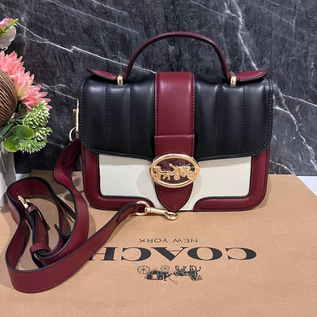 COACH SMALL GEORGIE TOP HANDLE IN BLOCKED SIGNATURE CANVAS ((6504//0468//6192//6015)) compact body portable shoulder bag 🌈ห้ามพลาด รุ่นแนะนำค่าา! พร้อมส่งทันที! กระเป๋าหิ้ว//สะพายข้างได้ วัสดุหนังแท้ 🔺หนึ่งใบทำลายหนังผสมกัน3แบบได้ลงตัวสวยง