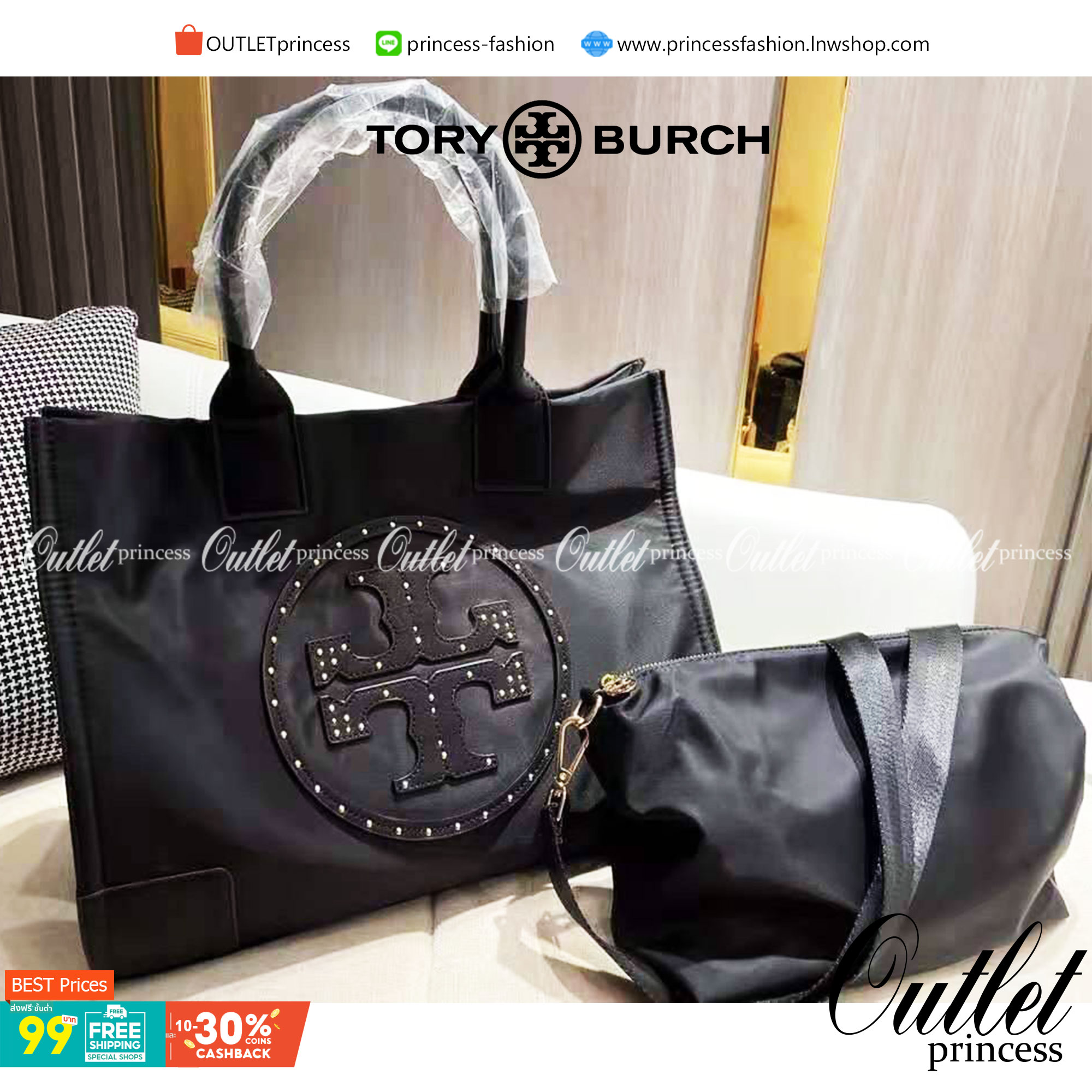 TORY BURCH ELLA TOTE BAG *BUY1GET1 สวยคุ้มในราคาสบายกระเป๋า‼️ กระเป๋าทรง SHOPPING วัสดุ NYLON ทั้งใบตัดด้วยหนัง SAFFIANO ดำ ตกแต่งด้วยหมุดรอบโลโก้แบรนด์ ด้านในบุผ้าปั้มแบรนด์ เปิดปิดด้วยกระดุมแม่เหล็ก ช่องกว้างหลักหนึ่งช่องและช่องซิปอีกช่อง พร้อมช่องใส่ขอ