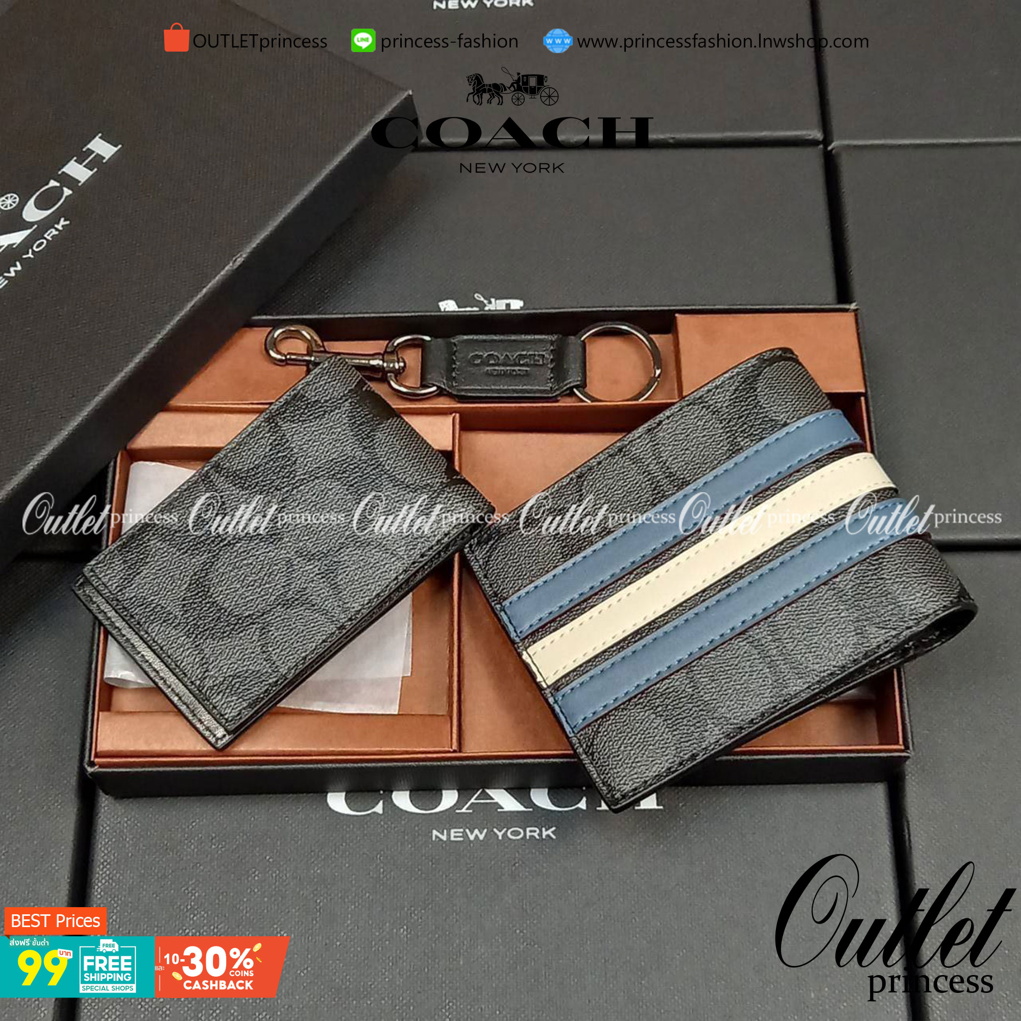 COACH 3-IN-1 WALLET IN SIGNATURE CANVAS WITH VARSITY STRIPE WITH KEY FOB LIMITED BOX(COACH F26072)🍁กระเป๋าสตางค์ มี ID ใบลูก สำหรับใส่บัตรแยก มีพวงกุญแจ ใช้แล้วดูหล่อสุดๆ🔸️**จะใช้เอง หรือเป็นของขวัญให้คนสำคัญ ก็ตอบโจทย์มากๆ **รับประกันว่า 
