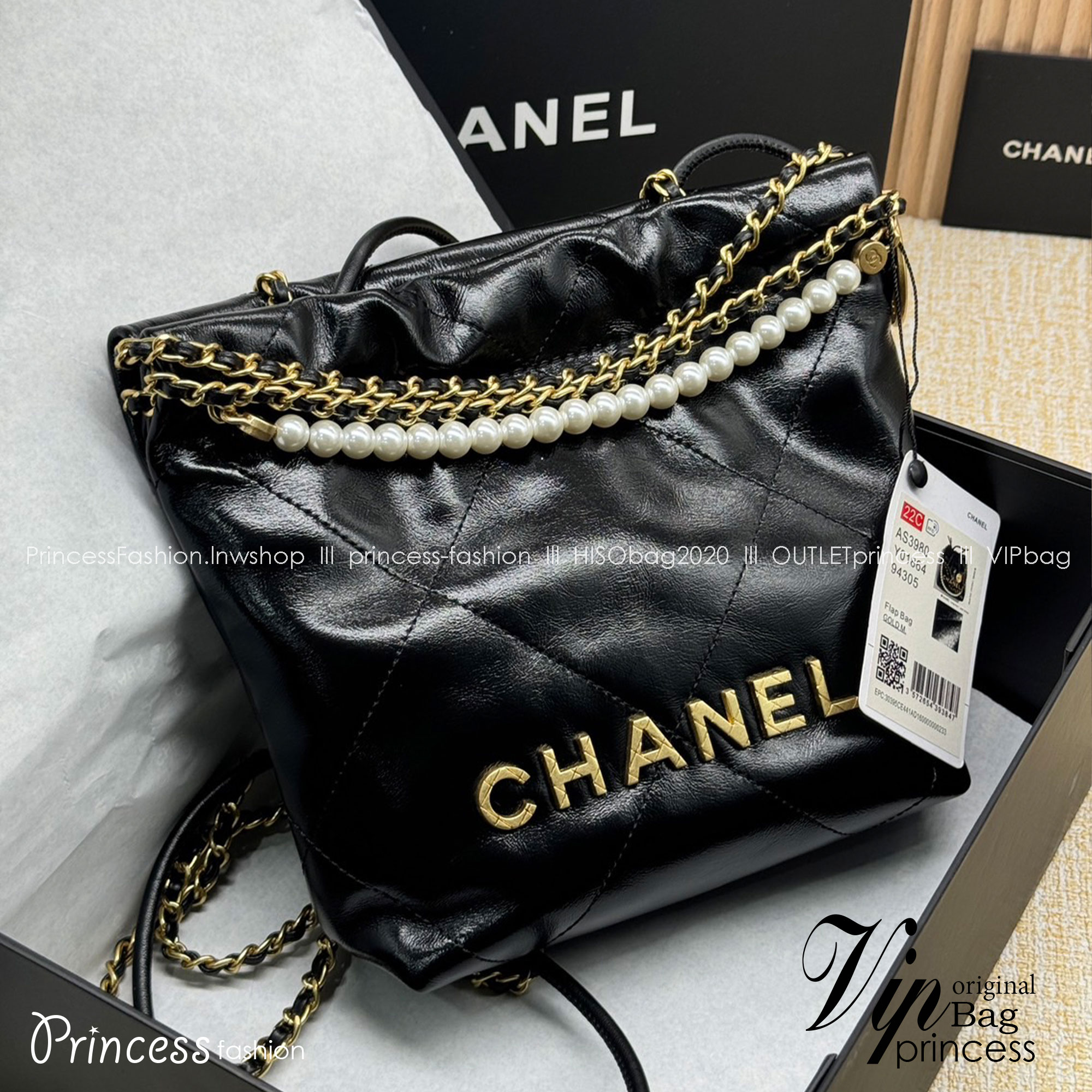 Chanel 22 Mini Handbag With Pearl Chain กระเป๋าทรงโท้ท เกรดออริ สลับแท้ 1:1 ใช้งานต่างประเทศได้