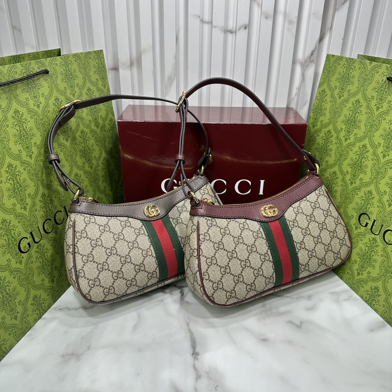 10" ORI หนังแท้ | Gucci Ophidia small shoulder bag GG Monogram Double G / Gucci Hobo Bag กระเป๋าสะพายทรงโฮโบขนาดเล็ก