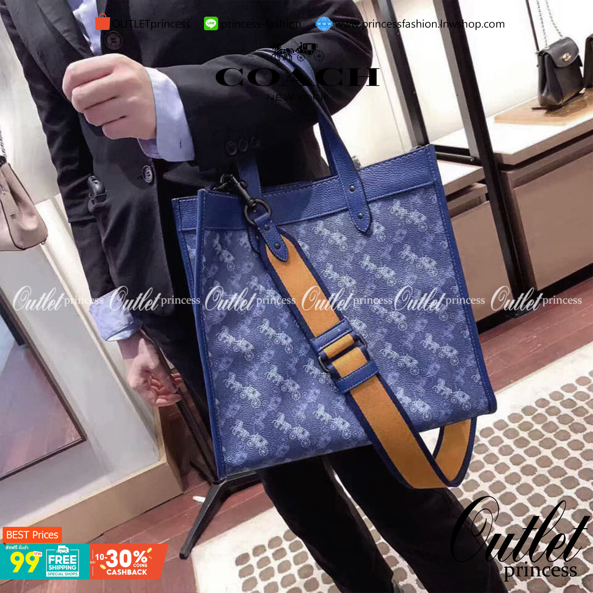 OUTLET 】Coach Field Tote With Horse And Carriage Print พร้อมส่งที่ไทย 89143 Blue True Blue Field Tote