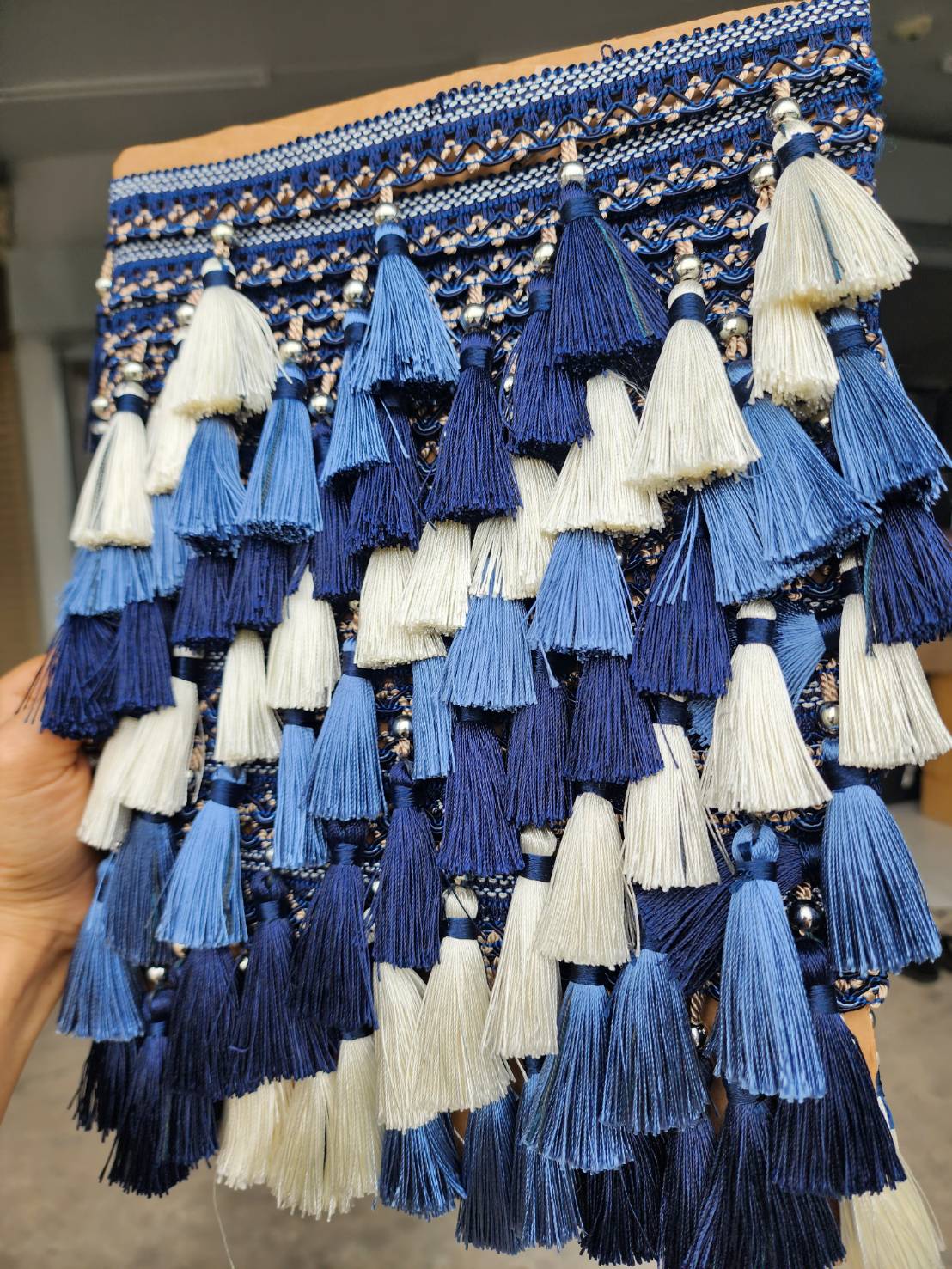ชายครุย สีกรมน้ำเงิน(ขายยกพับ10หลา) (มีลูกปัดอย่างดี)รุ่นฺFขนาด4นิ้ว