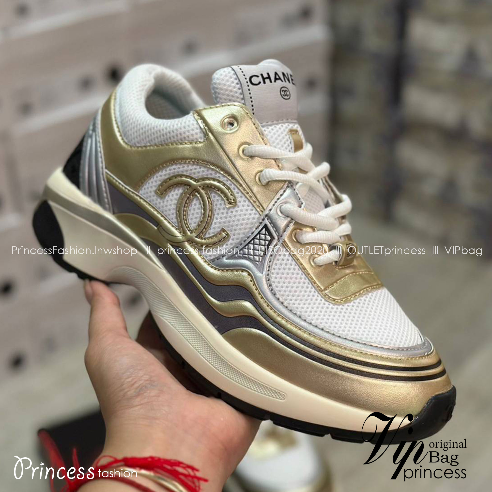 Chanel Sneakers 23s Fabric & Laminated White, Gold & Silver ออริสลับแท้ 1:1 ใช้งานต่างประเทศได้ รองเท้าผ้าใบชาแนล งานเกรดหนังเงาสวย ดีไซน์ใหม่ 2023 สวยหรูดูแพง