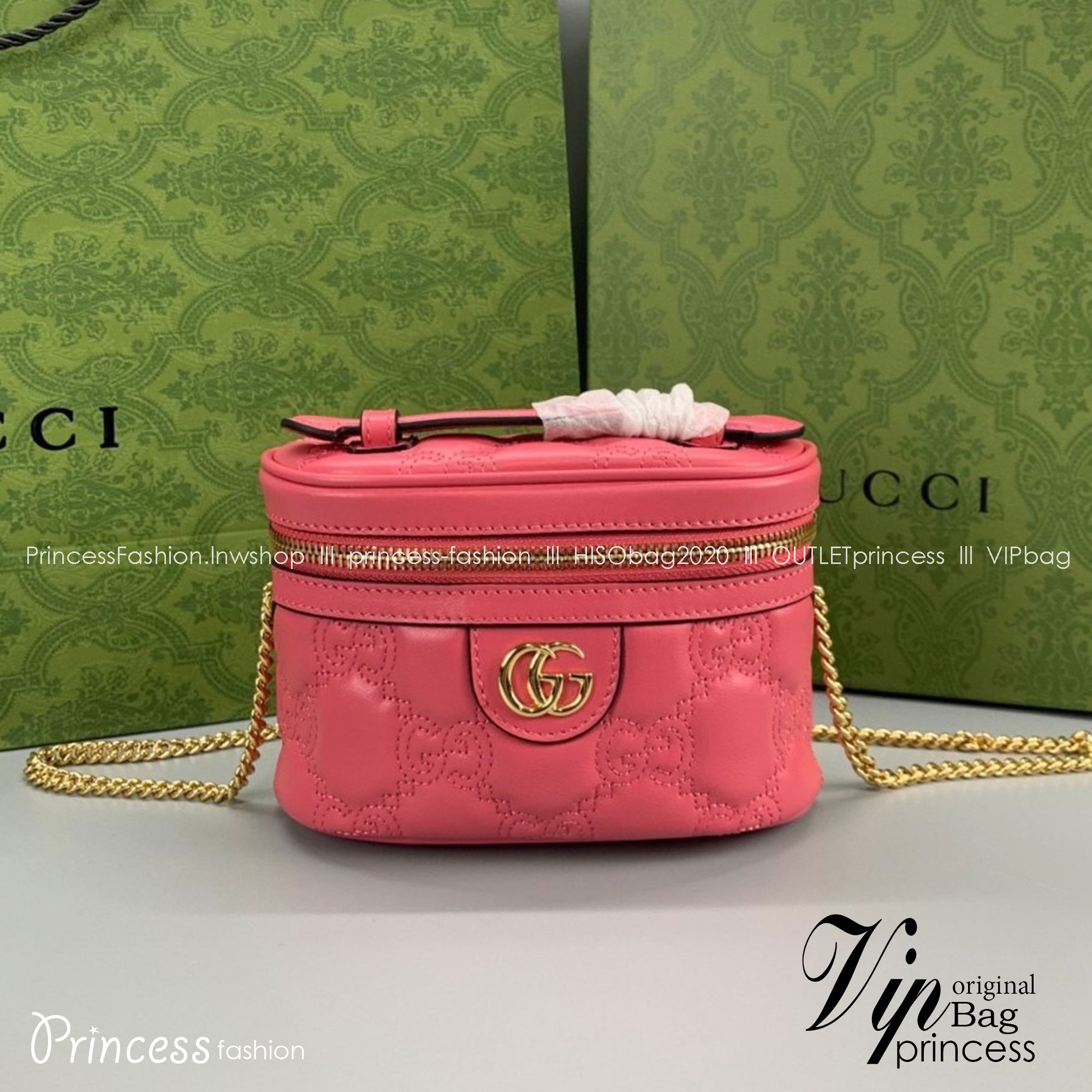 GUCCI GG MATELASSE TOP HANDLE MINI BAG กระเป๋าสะพายไซส์มินิพร้อมสายโซ่สีชมพู หนังแท้ เกรดออริจินอล 1:1 เกรดดีสุด สลับแท้