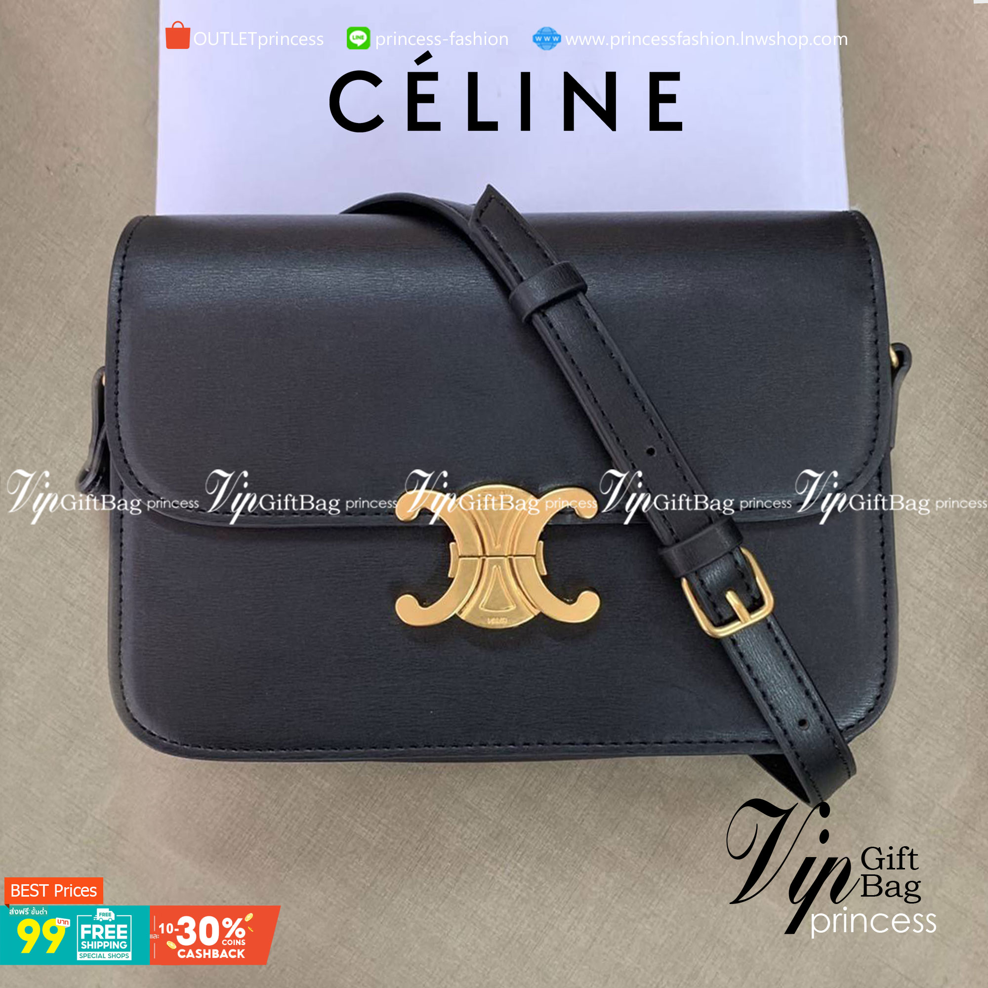 VIP 】CELINE Medium Triomphe Bag In Shiny Calfskin Medium Triomphe Bag In Shiny Calfskin GIFT WITH PURCHASE (GWP) พรีเมี่ยมกิ๊ฟ Limited Edition จาก CELINE PERFUME DUTY FREE COUNTER วัสดุหนังแท้ (Calfskin) ซับในเป็นหนังแกะ (Lambskin) รูปทรงสี่เหลี่ยมผืนผ้า 