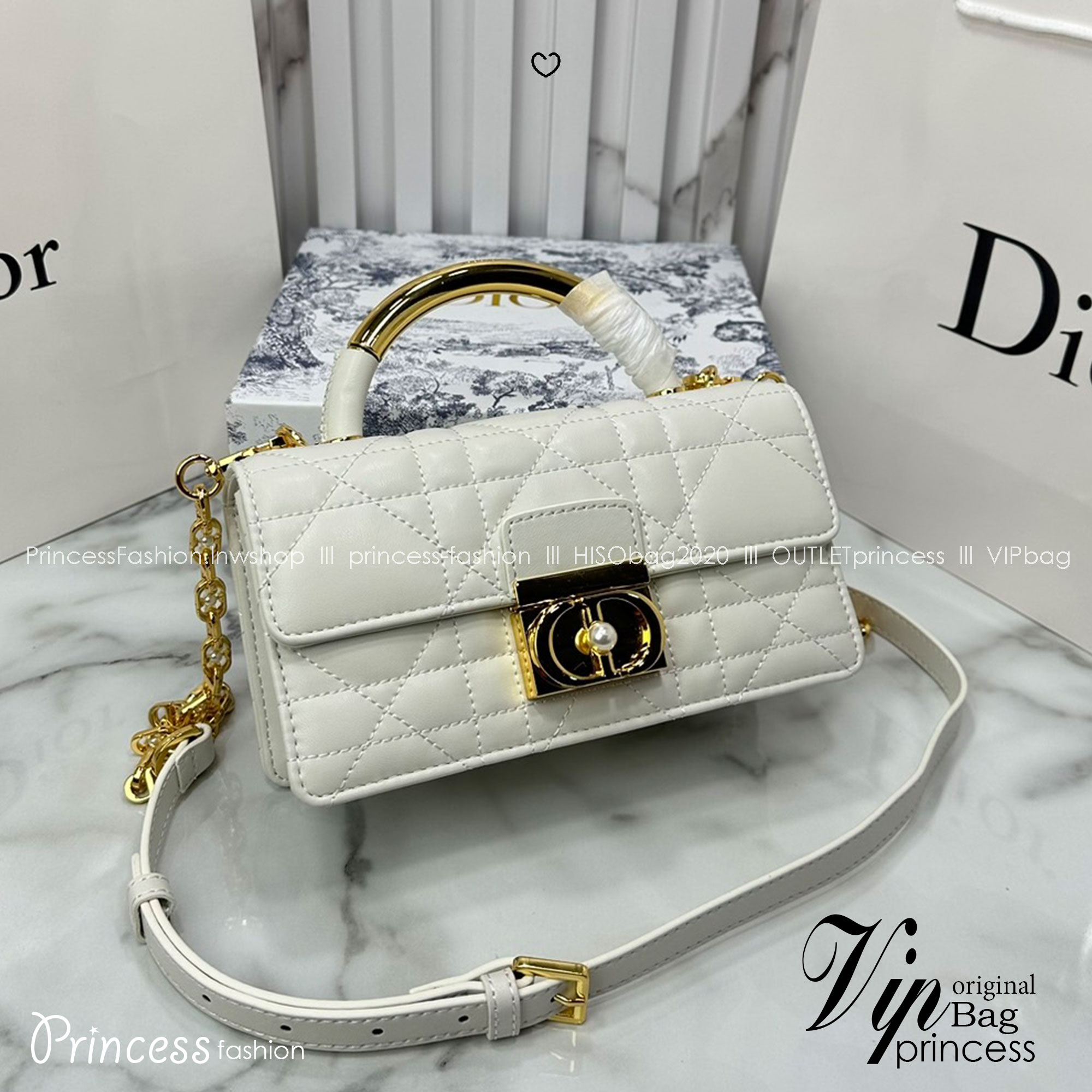8" DIOR Mini Dior Ange Bag / Dior Clutch Bag Macrocannage CD clasp with white resin pearl กระเป๋าถือพร้อมสายสะพาย ประดับตัวล็อคมุก สวยงามเหนือกาลเวลา เกรดออริ 1:1