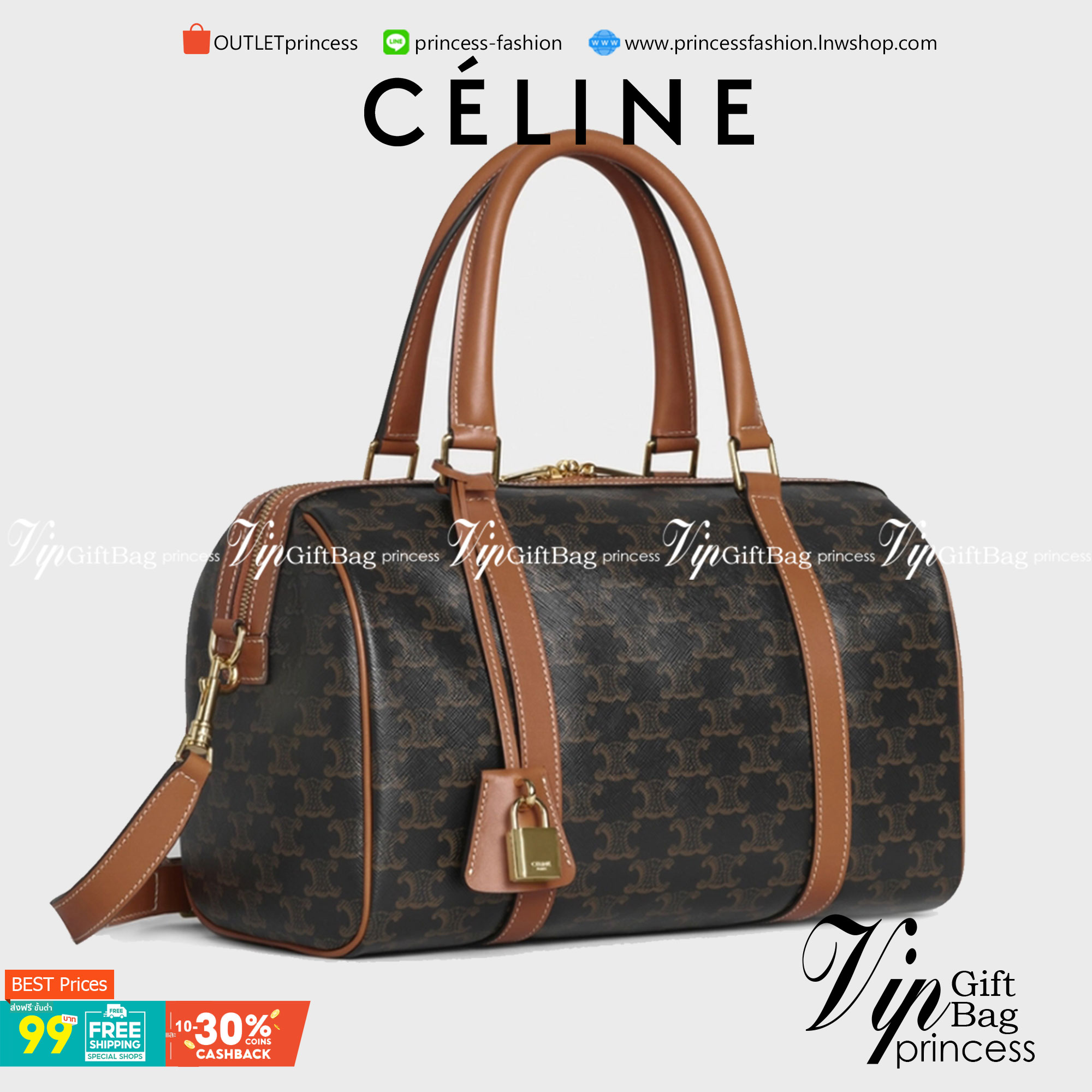 VIP 】CELINE BOSTON BAG IN TRIOMPHE CANVAS AND TAN ลวดลาย Triomphe Canvas Collection เป็นที่นิยมตลอดกาล มาในรูปแบบกระเป๋าทรงหมอนที่ได้รับความนิยมแบบทุกยุคทุกสมัย ซึ่งเป็นรูปทรงที่มีความคลาสสิก ดูดีแบบไม่มีตกยุค มาพร้อมขนาดที่ง่ายต่อการพกพา จัดเก็บหรือหยิบข