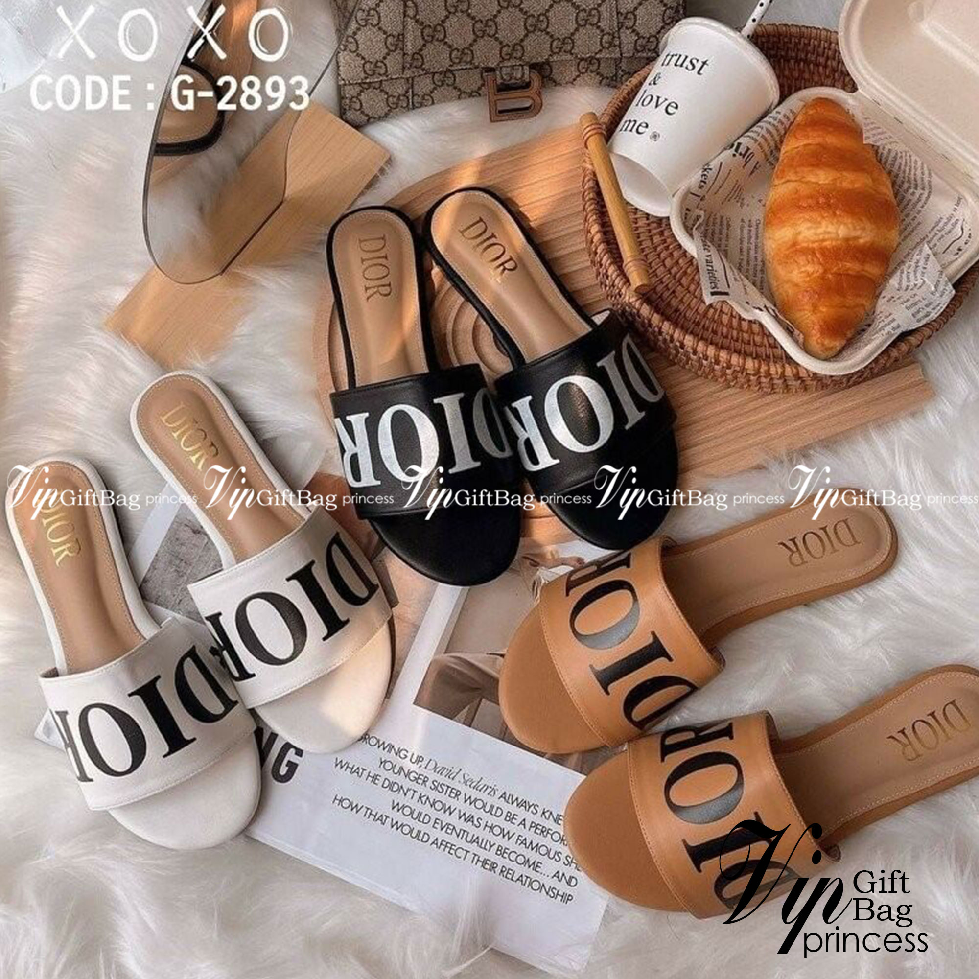 Dior รองเท้าแตะงาน สกรีน แบรนด์ เรียบ หรู แมทส์ชุดง่าย ย้ำหนักเบา วัสดุ หนัง PU