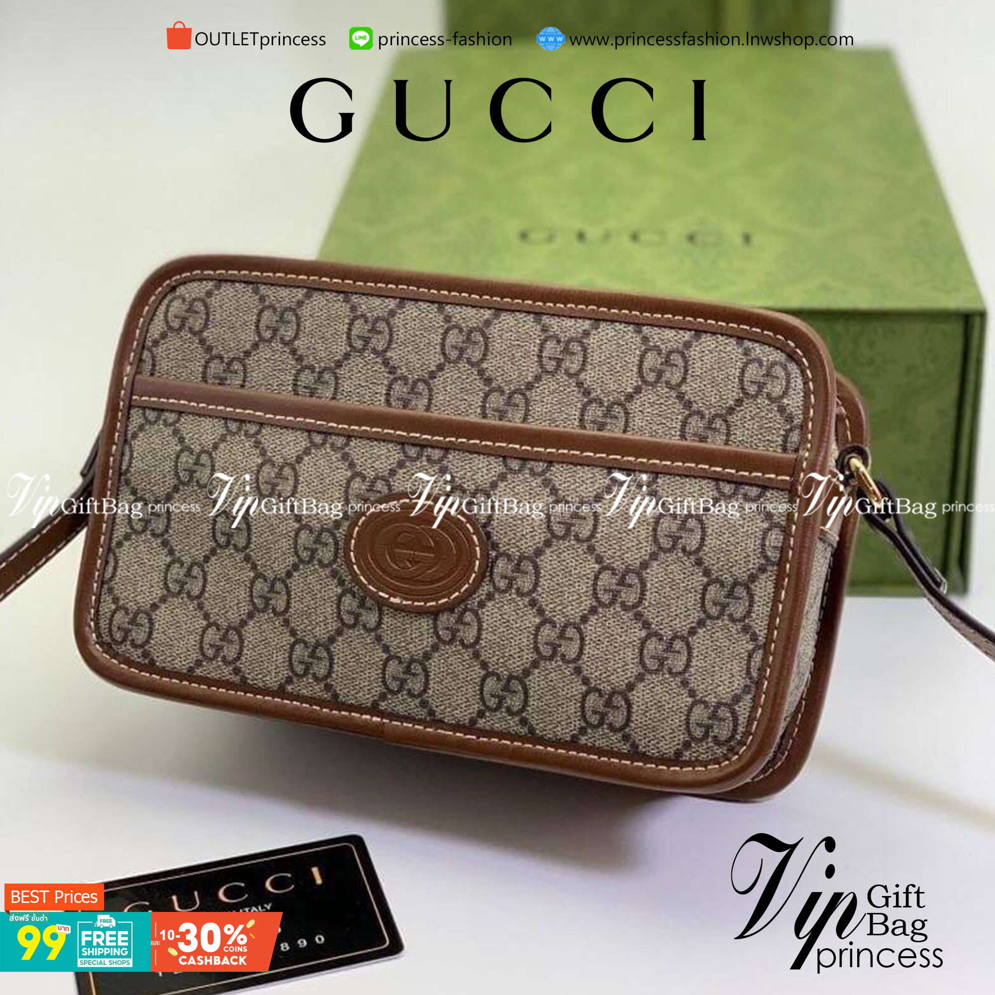 VIP 】หนังแท้ GUCCI Mini Bag With Interlocking G In GG Supreme And Brown Leather พร้อมส่งที่ไทย กระเป๋าสะพายดีไซน์สวย ใช้ได้ทั้งชายหญิง คลาสสิคและน่ารักในตัว ใช้งานง่าย ใช้ได้หลายโอกาส งานหนังแท้ สวยมากค่ะ