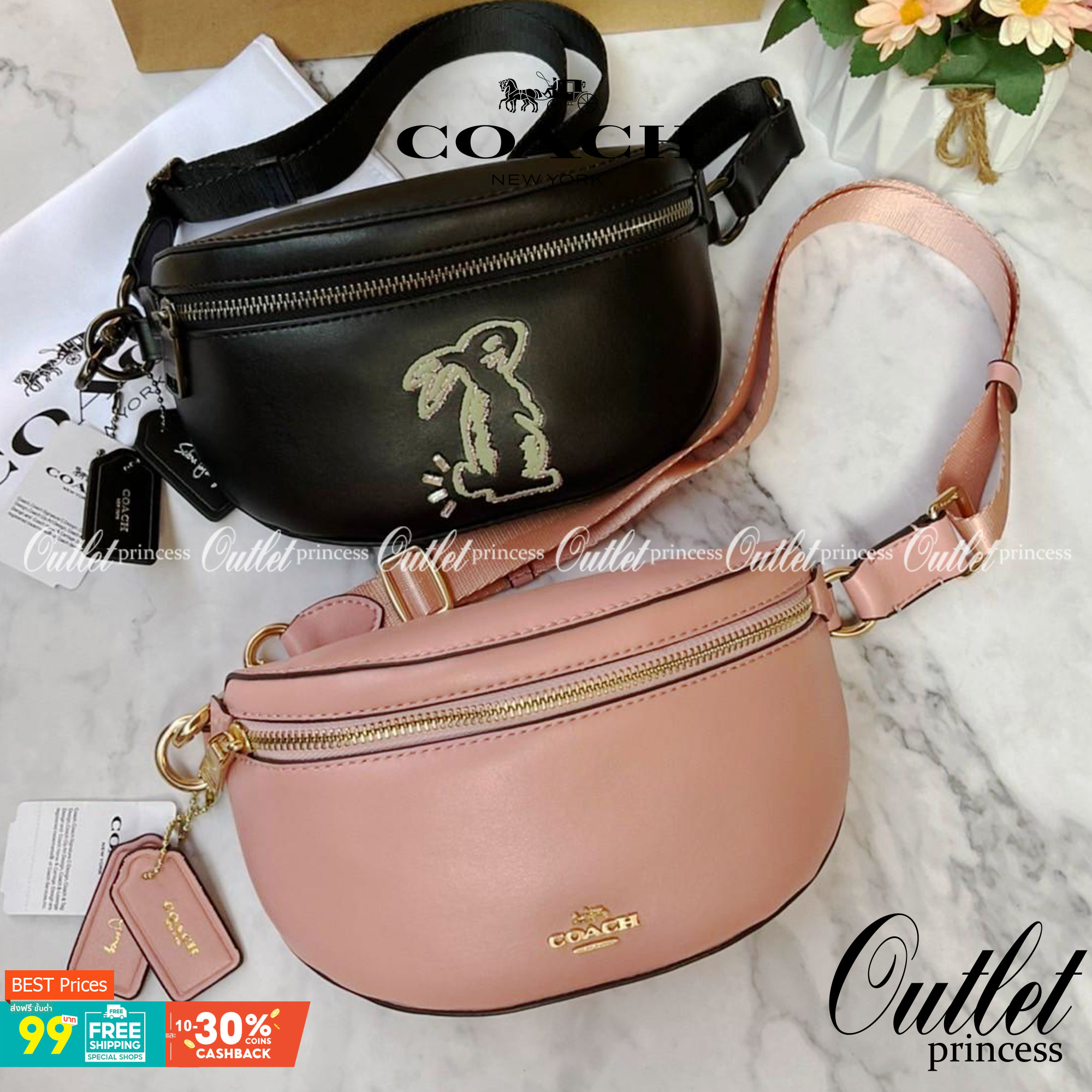 COACH SELENA BELT BAG WITH BUNNY (39315 Pink) / (39316 Black) กระเป๋าสะพาย/คาดอก/คาดเอว รุ่น Limited Edition น่ารักมาก💕 วัสดุหนังแท้ หนังนิ่มอยู่ทรง เปิด-ปิด ด้วยซิป ใส่ Iphone+ กระเป๋าสตางค์ใบสั้น ใส่ของจุกจิกได้ ด้านหลังมีอีก 1 ช่องซิป สายปรับระ