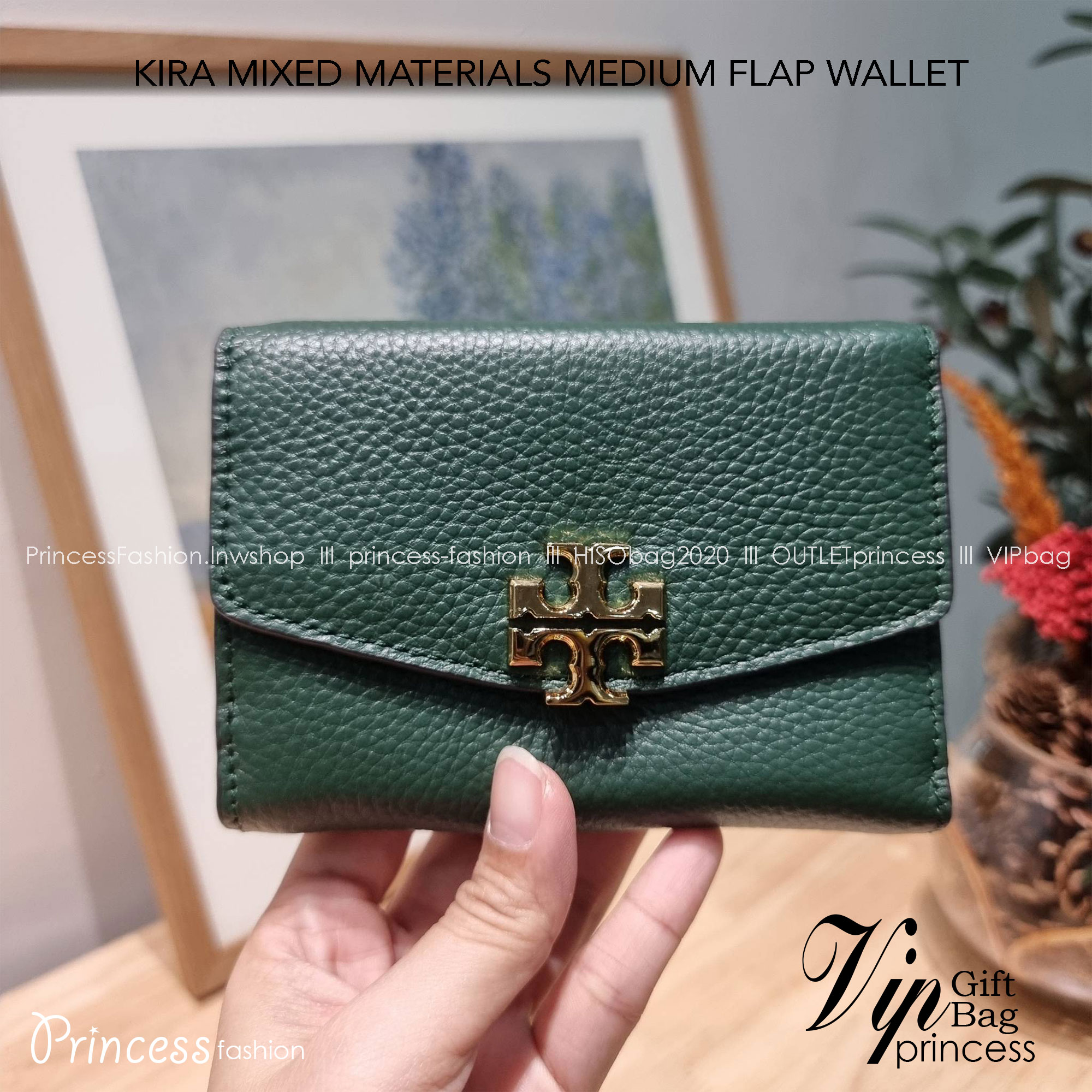 TORY BURCH KIRA MIXED MATERIALS MEDIUM FLAP WALLET กระเป๋าสตางค์ใบกลาง รุ่นยอดนิยม ดูหรูหรา ดูแพง ดีไซน์คลาสสิค ขนาดกำลังพอเหมาะ