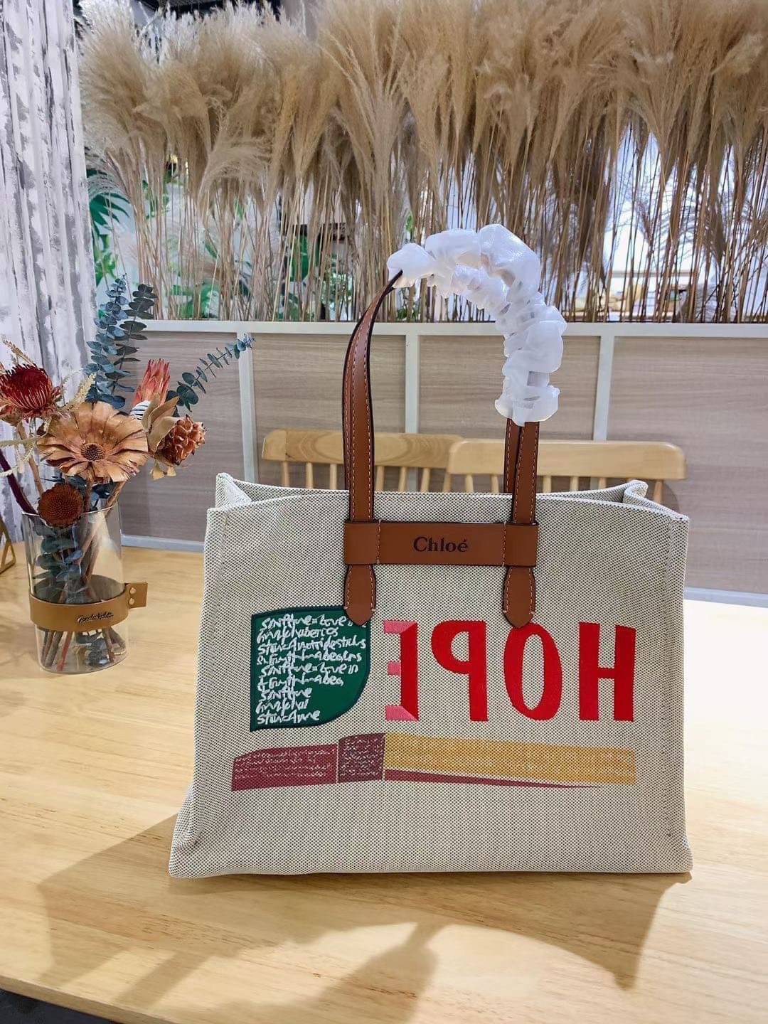 Large: CHLOÉ Woody large leather-trimmed cotton-canvas tote corita kent tote 14” canvas