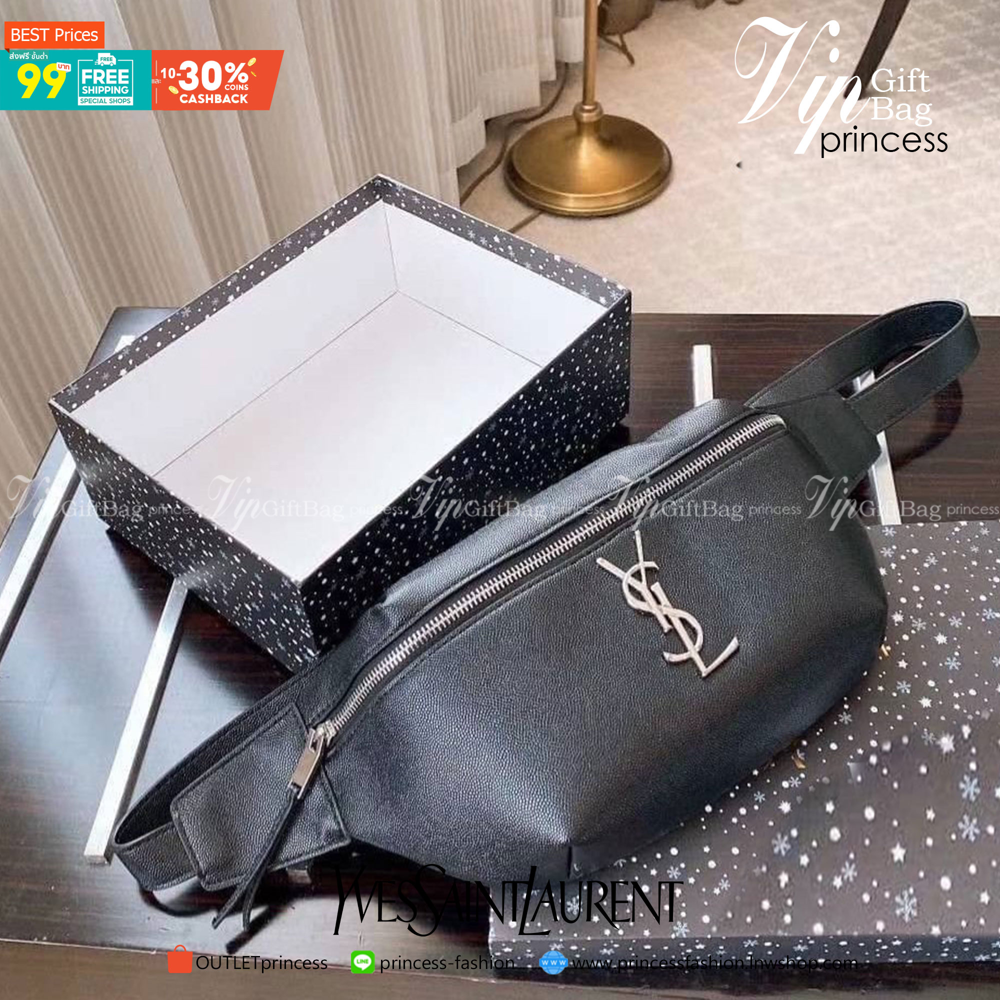 พรีเมี่ยมกิ๊ฟแท้ 100% 】VIP YSL Belt Bag กระเป๋าคาดอก คาดเอว งานดี หนังสวย ทรงเทห์ Black leather