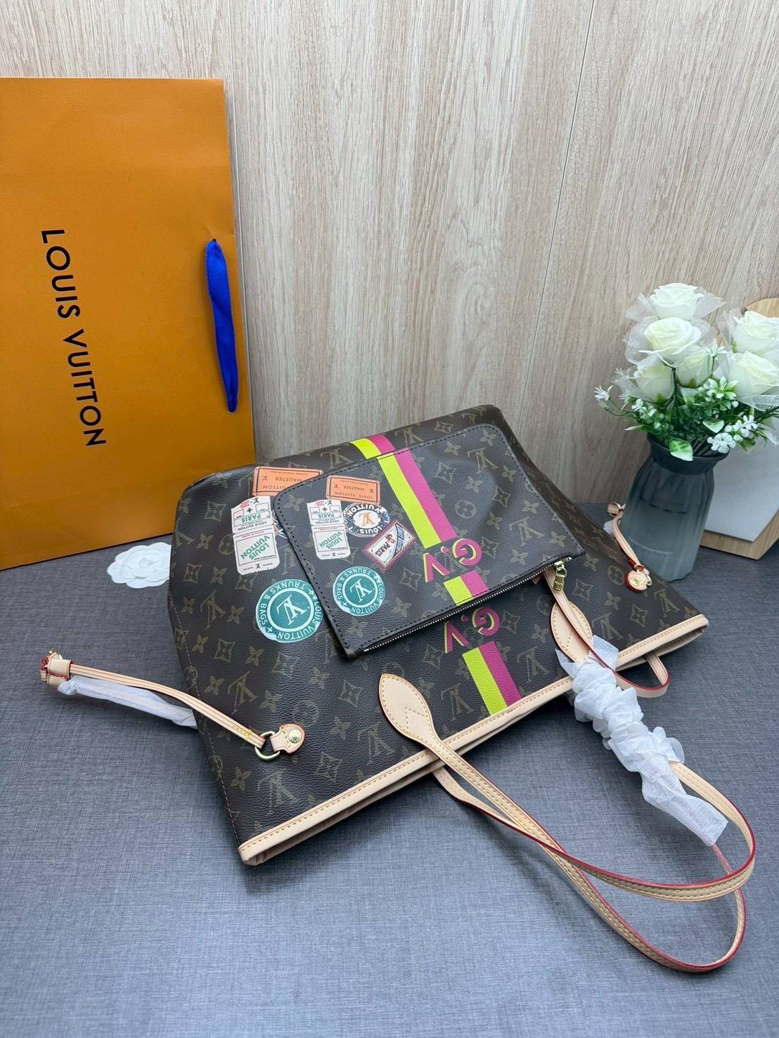 ORI หนังแท้ | LV Neverfull MM Mon Monogram Meridian / LV Tote Bag กระเป๋าสะพายทรงโท้ทใบใหญ่ ลายทางคาดหน้าสไตน์ท่องเที่ยว