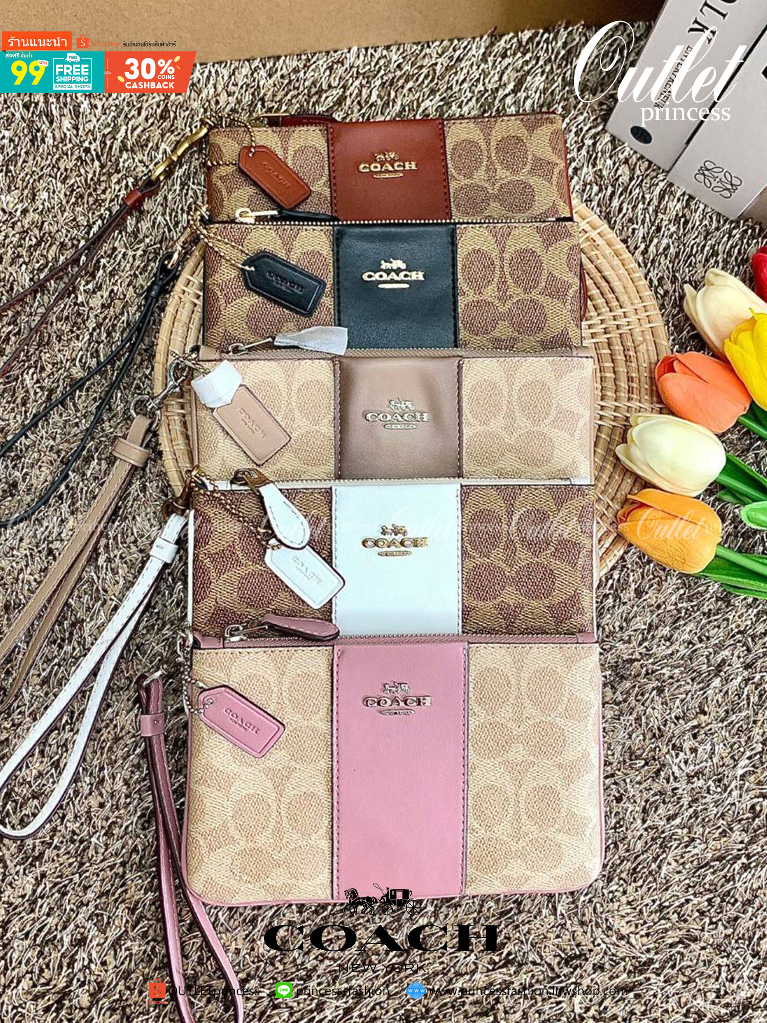 COACH SMALL WRISTLET IN COLORBLOCK SIGNATURE ((32445)) ✔️กระเป๋าคล้องมือ วัสดหนัง pvc อย่างดี ลายซิกเนเจอร์ ตัดขอบสีตรงกลางสวยงามมากๆค่ะ แบบซิปเดียว ((ภายในใส่มือถือได้บางรุ่นค่ะ)) มีช่องเสียบบัตรให้2ช่องด้วยนะคะ