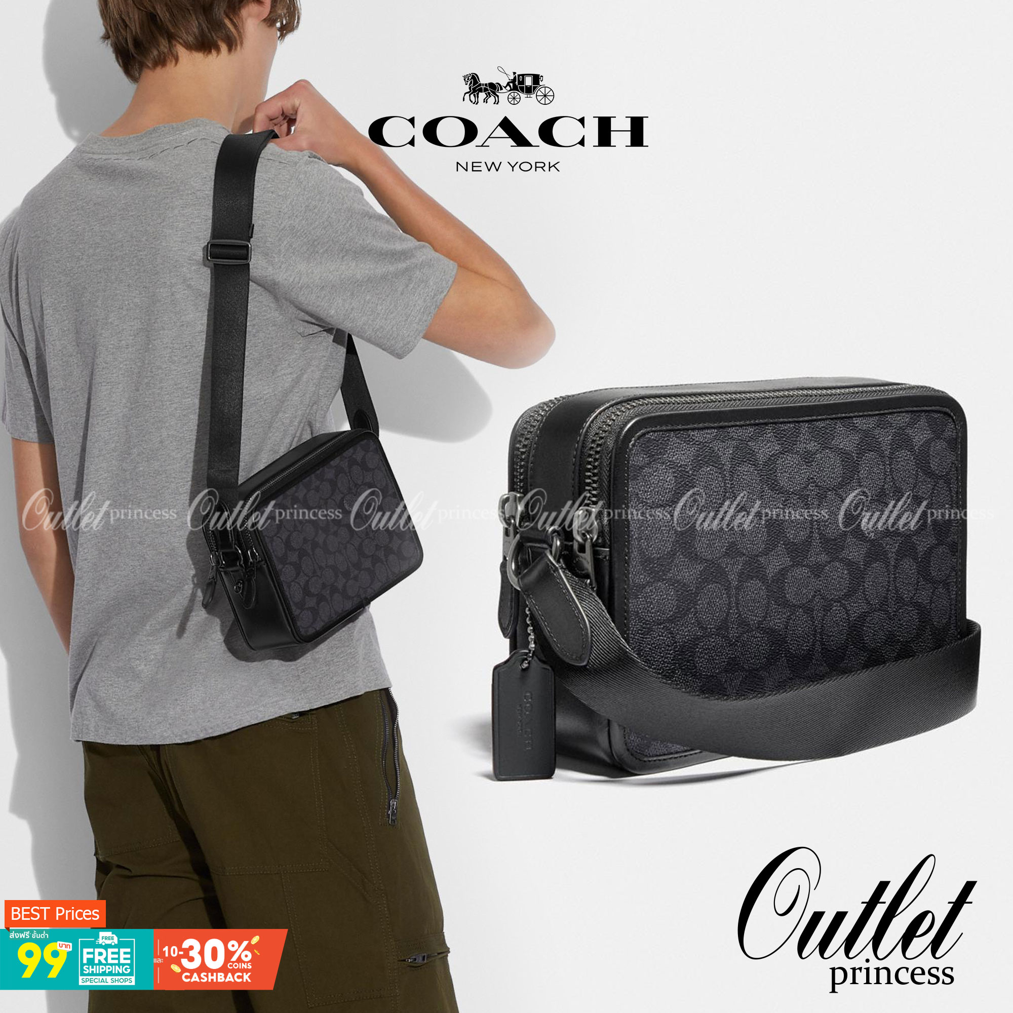 CHARTER CROSSBODY 24 IN SIGNATURE CANVAS (COACH C5341) 😎😎 กระเป๋าสะพายข้าง ไอเท็มยอดฮิตทรงหล่อ เรียบหรู ดูดี เป็นรุ่นที่หนุ่มตามหากันเยอะมาก วัสดุหนังแคนวาสสลับหนังแท้ เปิด-ปิดด้วยซิป 2 ช่อง มีช่องแยกใส่ของเป็นสัดส่วน สะพายไปเที่ยวหรือทำงา