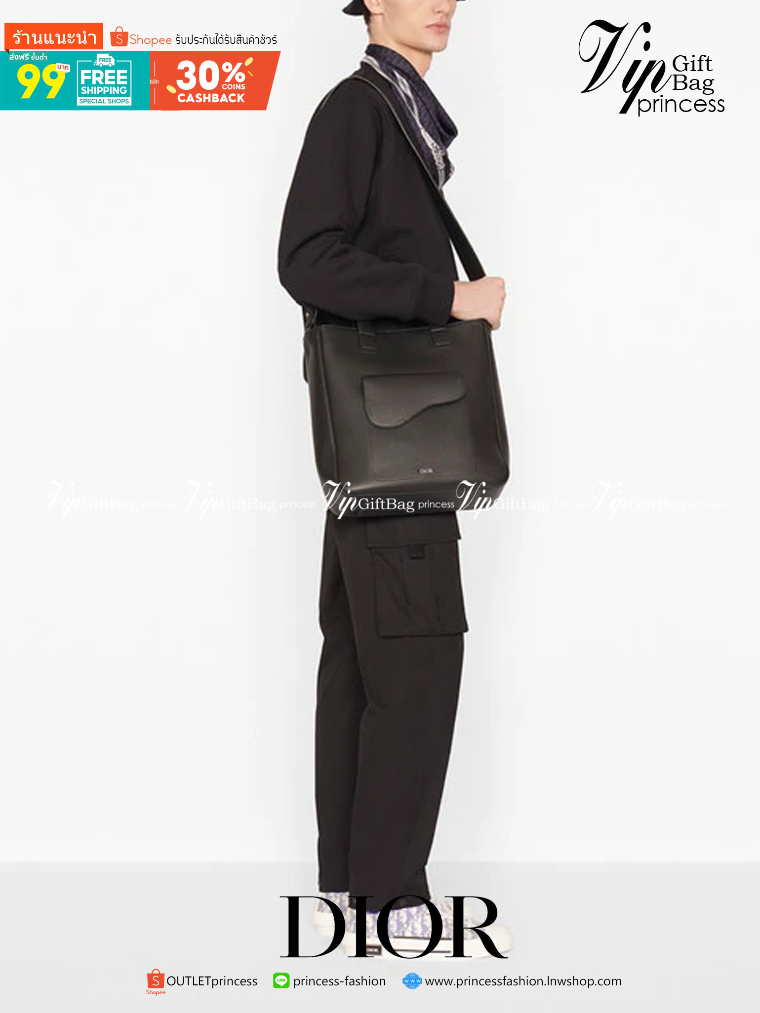 หนังแท้ CHRISTIAN DIOR SADDLE TOTE BAG WITH SHOULDER STRAP Black Grained Calfskin พร้อมส่งที่ไทย เกรดออริจินอลหนังแท้ทั้งใบ ภาพสินค้าถ่ายจากงานขายจริง ใช้งานต่างประเทศได้