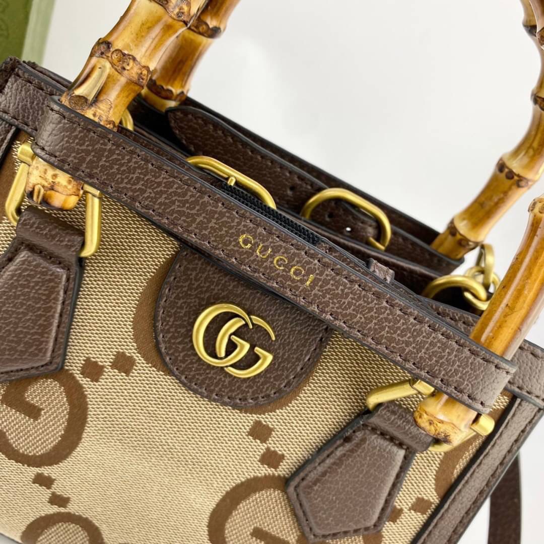 หนังแท้ Gucci Diana jumbo GG tote bag (mini/small) พร้อมส่งที่ไทย Brown Camel and ebony jumbo GG canvas ภาพถ่ายจากสินค้าจริง