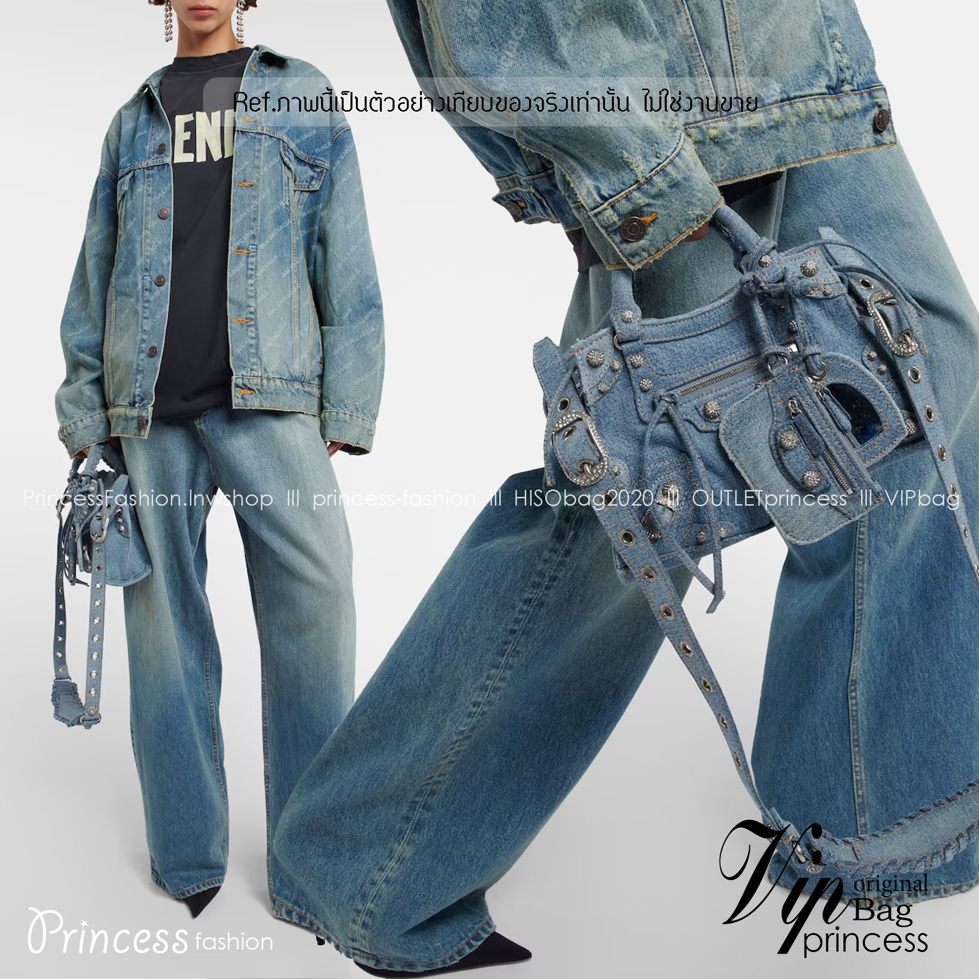 Balenciaga NEO CAGOLE XS HANDBAG DENIM IN BLUE aged-silver hardware with rhinestones กระเป๋าสะพายเดนิม สวยเท่ ประดับหมุดเพชร เกรดออริ 1:1 สลับแท้ ใช้งานต่างประเทศได้