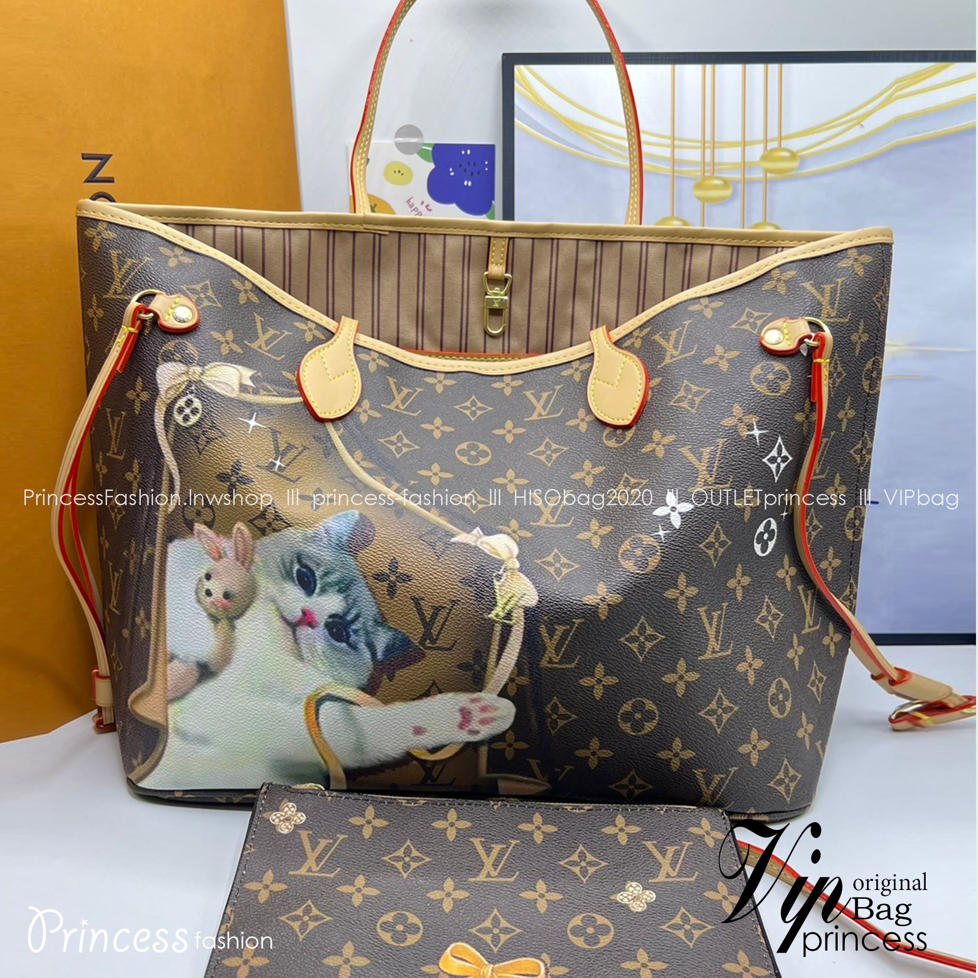 LV Neverfull MM Tote With Puppies 32cm / LV Shopping Bag พร้อมส่งที่ไทย **สินค้าเกรดออริจินอล 1:1 สลับแท้ ใช้งานต่างประเทศได้ งานสวยตามรูป ภาพถ่ายจากงานขายจริง