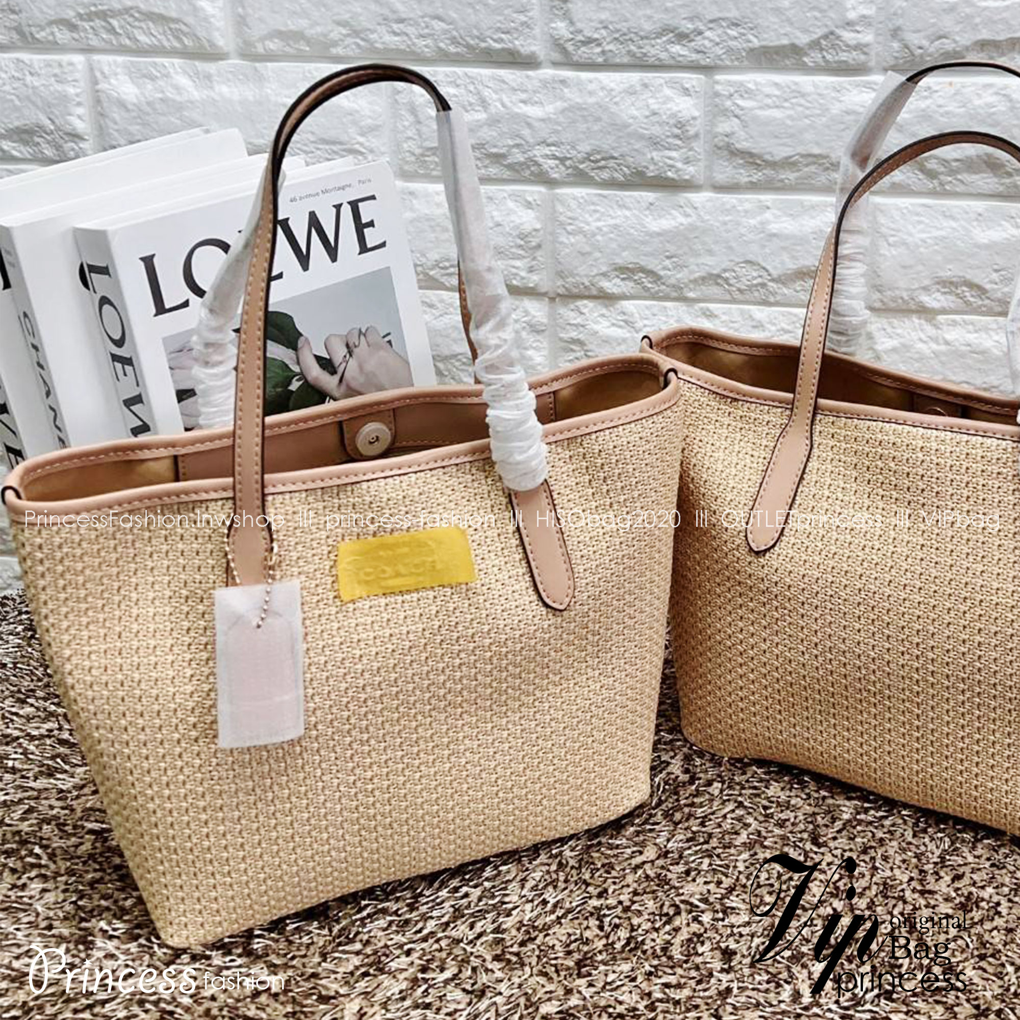Coach Mini City Tote Bag In Straw And Smooth Leather 9" ((CS616)) กระเป๋าทรงโท้ทงานทอน้ำหนักเบา จุของได้เยอะ เกรดท็อปออริ เกรดดีสุด สลับแท้ 1:1 ใช้ต่างประเทศได้