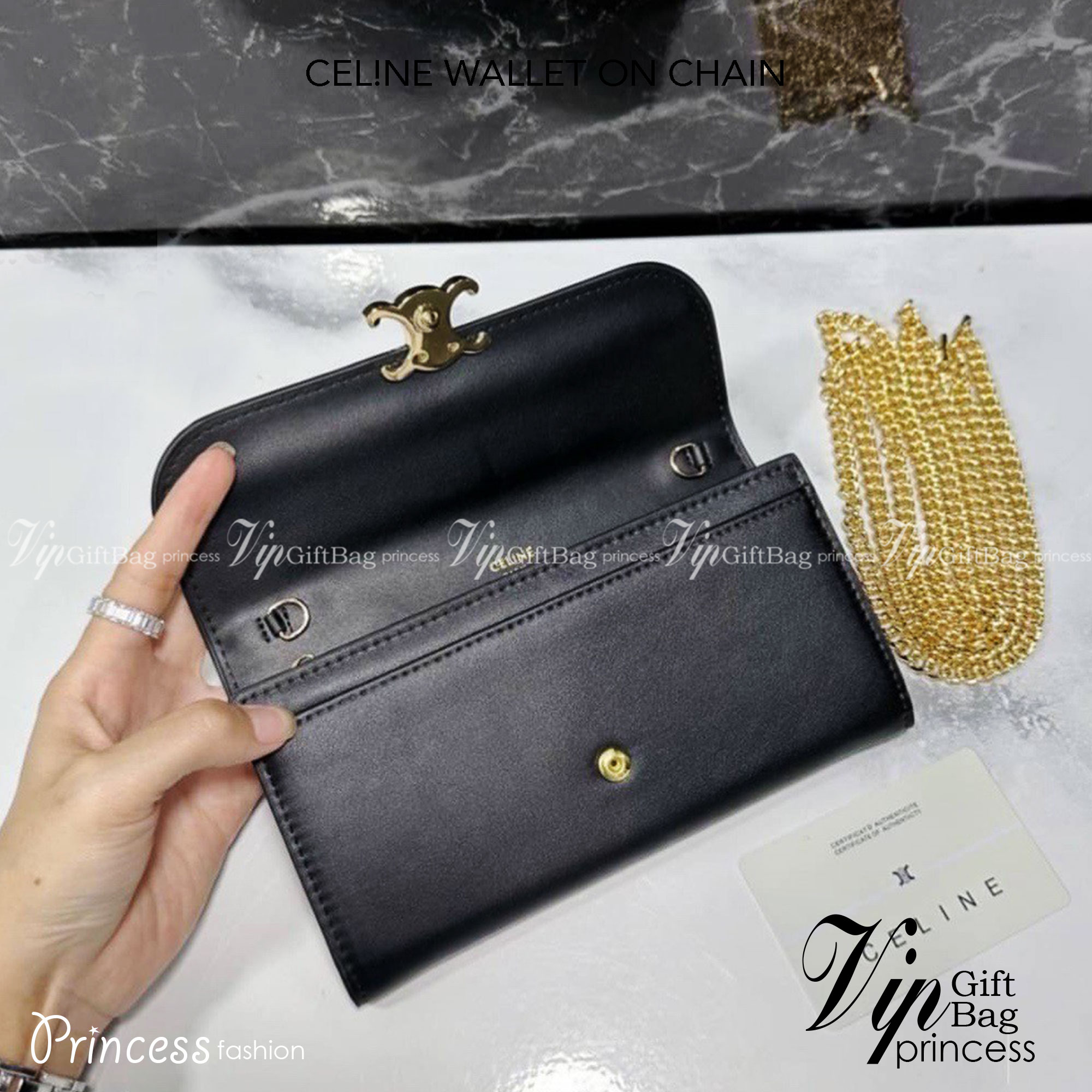 CELINE WALLET ON CHAIN TRIOMPHE IN SHINY CALFSKIN BLACK กระเป๋าสตางค์ใบยาว พร้อมสายสะพายโซ่สีทองถอดออกได้ หรูหรา มีช่องซิปกลางและช่องใส่การ์ด ใช้งานสะดวกสะพายได้ทุกวัน