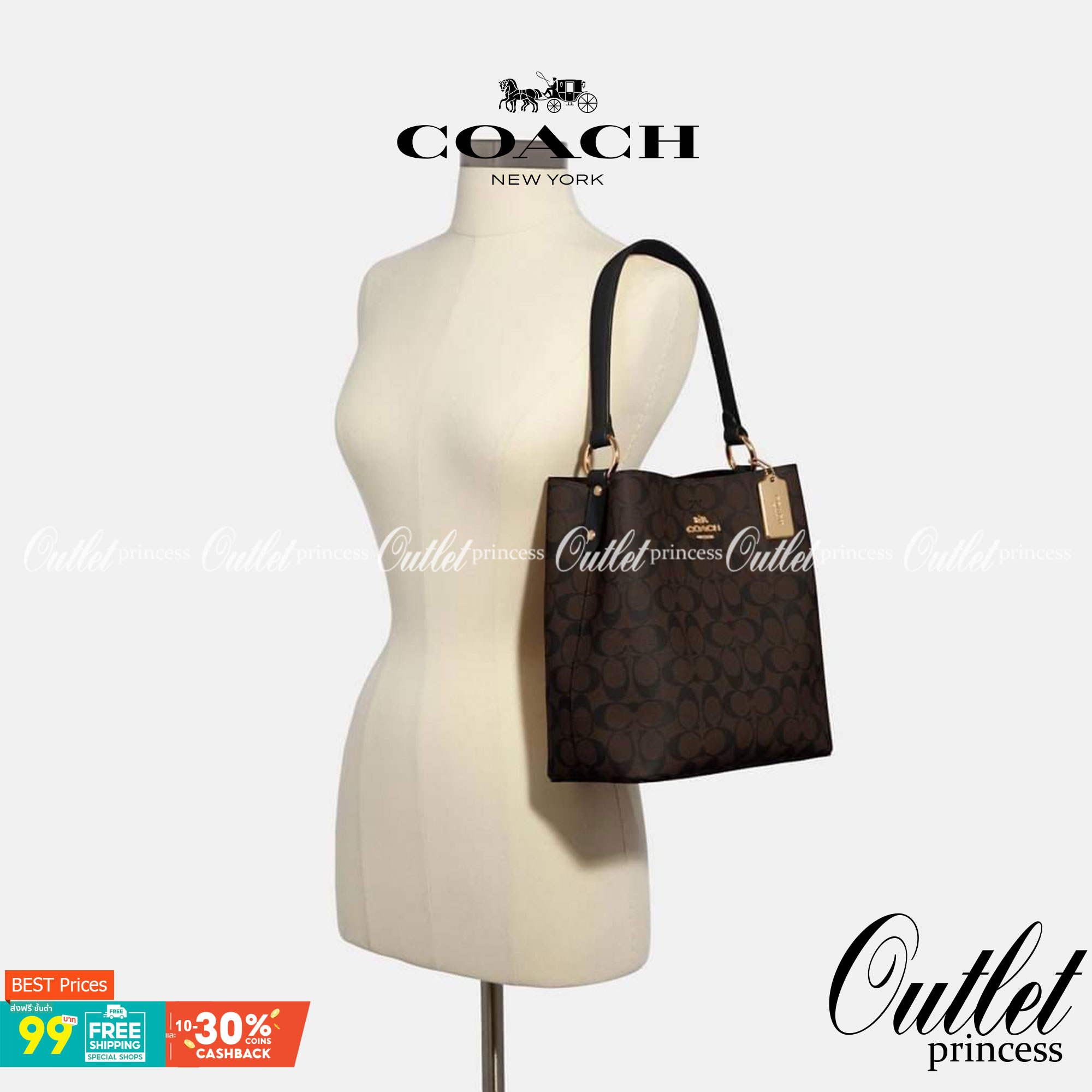 COACH SMALL TOWN BUCKET BAG IN SIGNATURE สำหรับสาวแฟชั่นที่ชอบรายละเอียดชิคๆ ดีไซน์สุดเก๋ แนะนำเลยสำหรับกระเป๋าทรงบักเก็ตใบนี้ เชื่อว่าสาว ๆ หลายคนชื่นชอบ เป็นไอเทมที่สามารถแมทช์ได้กับเสื้อหลากหลายสไตล์ บรรจุของได้เยอะโดยที่กระเป๋าไม่เสียทรง แบ่งช่องใช้งา