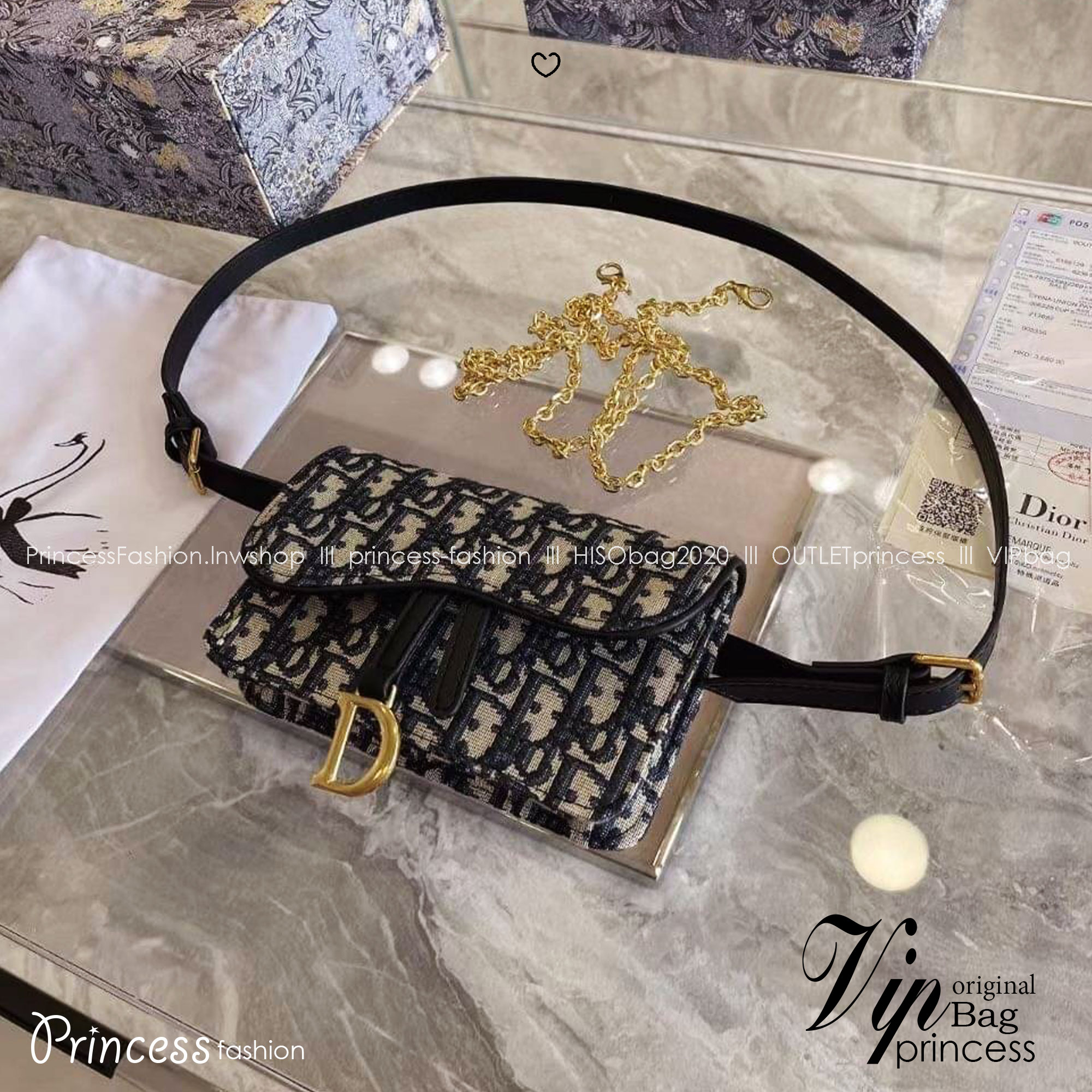 DIOR Small Saddle Pouch Belt with Chain กระเป๋าทรงพอช พร้อมสายสะพายหนังและสายโซ่ ปรับใช้งานได้ทั้งคาดอก/คาดเอว/หรือสะพายไหล่ได้ สายถอดได้ ถือเป็นพอชเก๋ๆ