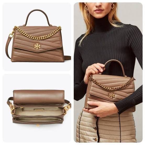 TORY BURCH Kira Chevron Top-handle Satchel กระเป๋าหนังแกะ สัมผัสนุ่มควบคู่กับดีไซน์อันเป็นเอกลักษณ์ กระเป๋าถือทรงสวยที่มีดีไซน์อันเป็นเอกลักษณ์ไม่เหมือนกับที่ไหน ด้วยการตัดเย็บหนังแกะแสนนุ่มแบบลายบุสองชั้น เพิ่มมูลค่าด้วยสายสะพายที่ทำจากโลหะสีทอง อีกทั้งย