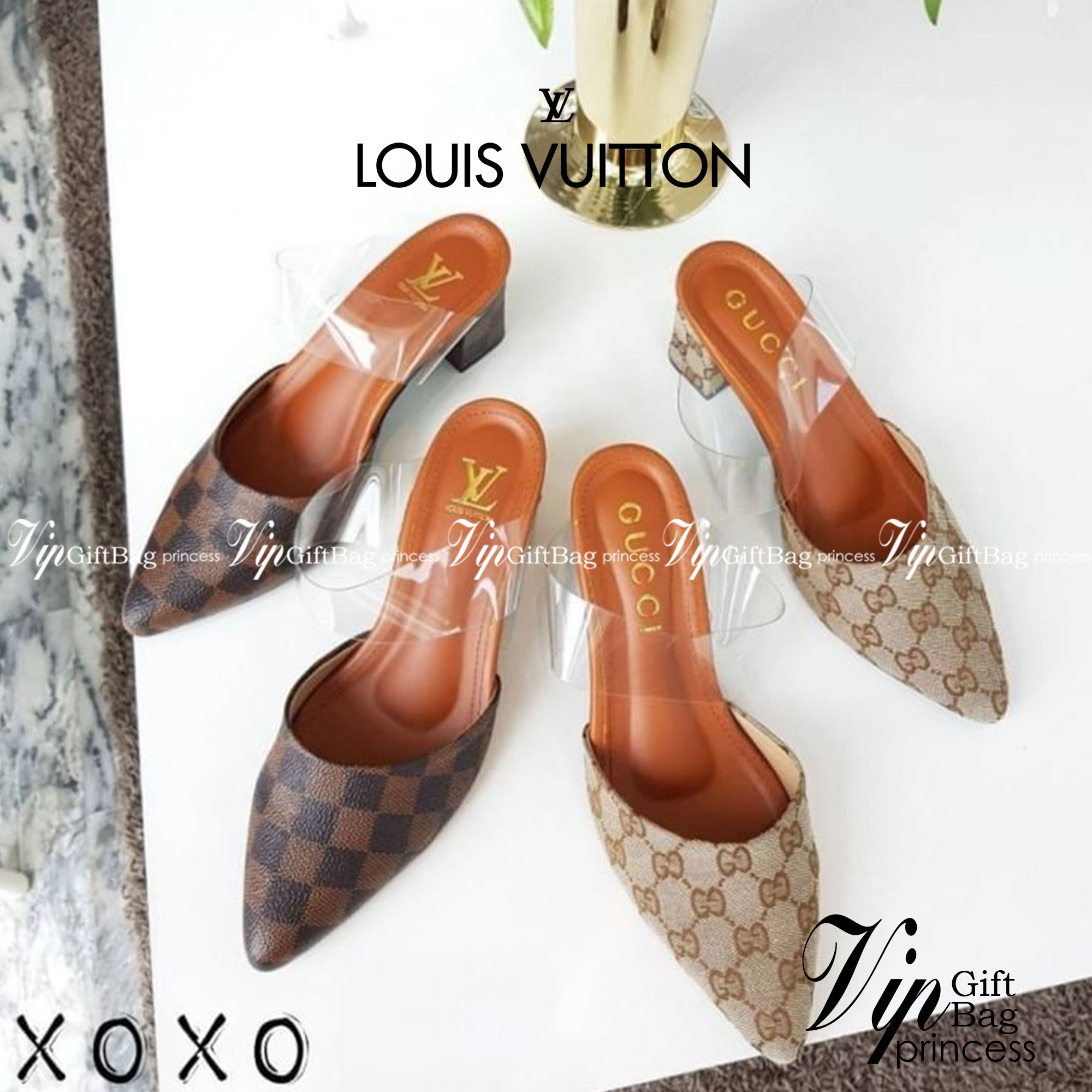 Louis Vuitton, Gucci รองเท้างานสวมหน้าวี หนัง PU ตีลายแบรนด์ งาน สวย หรู ดูแพงเกินราคาขาย คาดอีกชั้นเป็นพลาสติกใส่อย่างดีเนื้อนุ่ม ใส่สบาย ทรงนี้ใส่แล้วขาเรียวยาวนะจร้าซีสๆ แมทส์ชุดง่าย ส้นแท่ง ใส่ใช้งานไม่เมื่อย รับน้ำหนักได้ดี