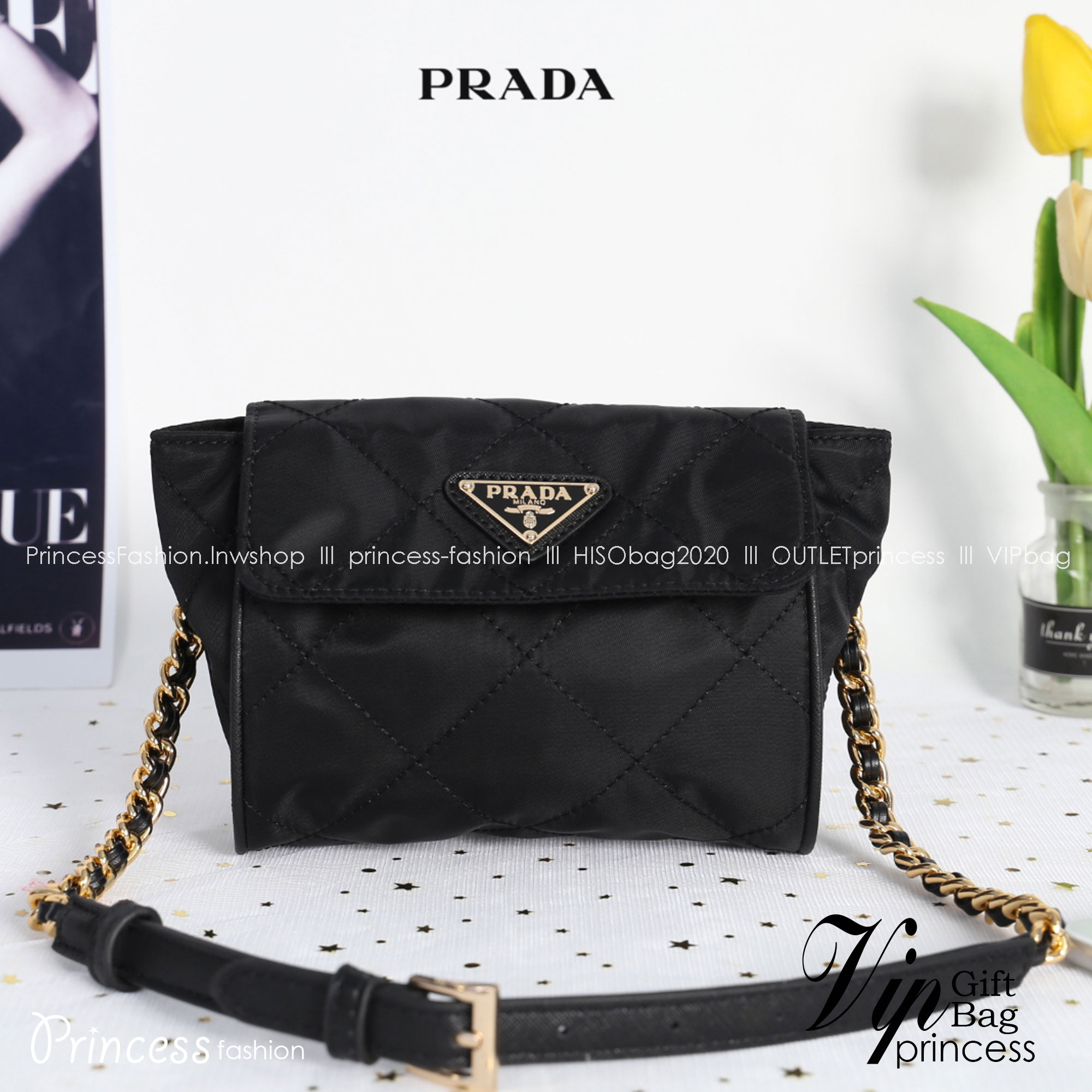 PRADA SHOULDER BAG / Prada Metal chain Quilted Waist Pouch กระเป๋าไนล่อนเย็บเป็นลายตาราง ดูหรูหราใบเล็กน่ารัก ด้านในโล่ง มี 1 ช่องซิป ซับในด้วยผ้าพิมพ์ลายแบรนด์