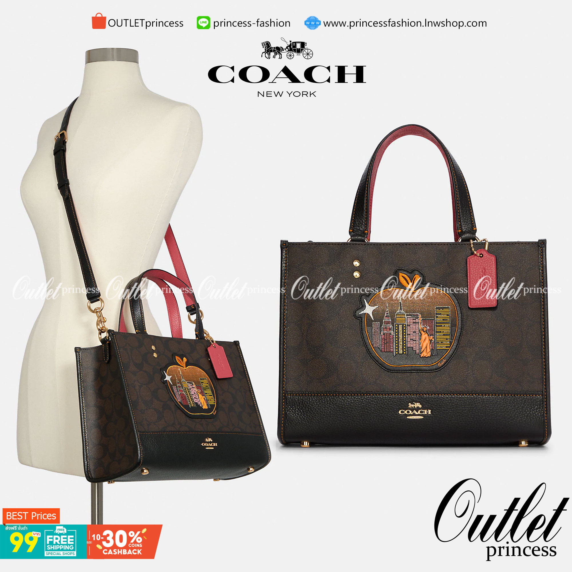 OUTLET 】COACH C6921 DEMPSEY CARRYALL IN SIGNATURE CANVAS WITH SOUVENIR SKYLINE APPLE ใหม่ล่าสุด จัดใหญ่ให้ไปเลย!! กระเป๋าทรงโท้ทไซส์ใหญ่กำลังสวย ใส่ของได้แบบจุๆ โดดเด่นด้วยโลโก้สุดหรู วัสดุหนังแคนวาสคุณภาพดีสลับหนัง pepble ภายในกระเป๋าเป็นช่องโล่ง ใส่ของส