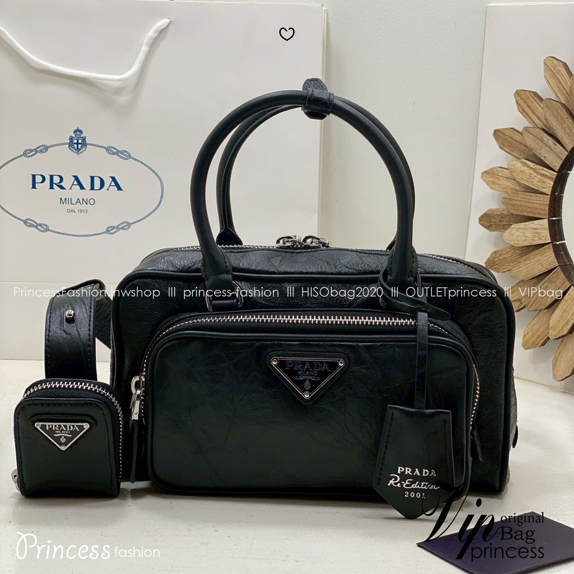 ORI หนังแท้ | Prada Antique nappa leather multi-pocket top-handle bag กระเป๋าสะพายทรง keepall มีช่องซิปด้านหน้าพร้อมหูจับ งานหนังยับดีไซน์เอฟเฟกต์เท็กซ์เจอร์ที่มีเสน่ห์สไตล์วินเทจ