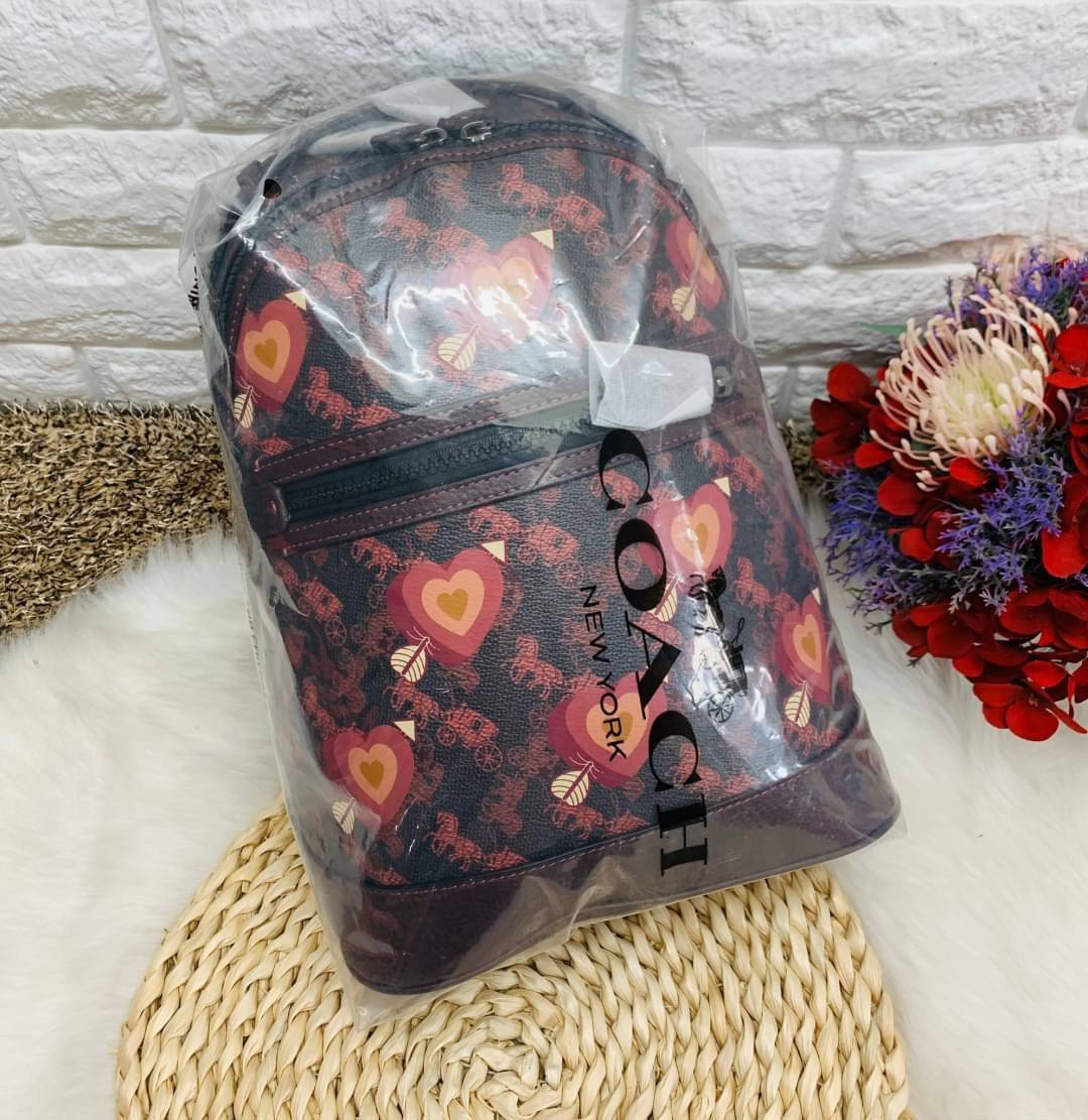 COACH BACKPACK WITH HORSE AND CARRIAGE PRINT AND HEARTS กระเป๋าสะพายหลัง วัสดุ pvc+หนังแท้ ตัวกระเป๋าลายแบรนด์ทั้งใบ ด้านหน้ามีรูปหัวใจโดดเด่นค่ะ พร้อมช่องซิปสำหรับใส่มือถือหรือของจุกจิก เปิดปิดกระเป๋าแบบซิปคู่ ภายในโล่ง ใส่ของจำเป็นได้ครบเลยนะคะ พร้อมช่อ