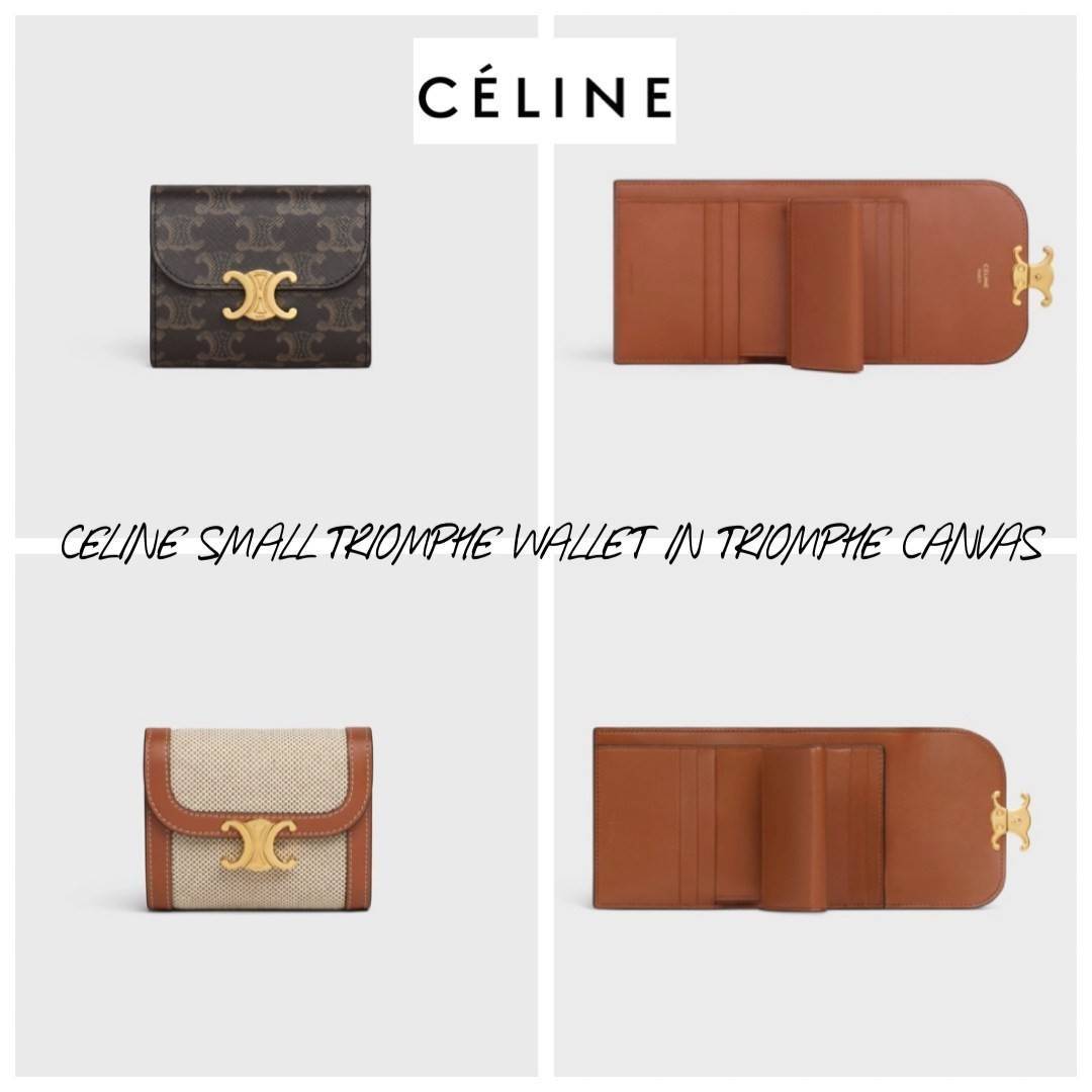 CELINE SMALL TRIOMPHE WALLET IN TRIOMPHE CANVAS กระเป๋าสตางค์ผู้หญิงทรงสั้นดีไซน์สวยงามหรูหรา ออกแบบให้เป็นทรงพับ เปิด-ปิดด้วยกระดุมที่สามารถปรับขยายขนาดกระเป๋าได้เมื่อใส่ของเยอะ ภายในแบ่งเป็น 3 พับ มีฟังก์ชั่นการใช้งานที่ครบครัน คือ ช่องใส่ธนบัตร ช่องใส่
